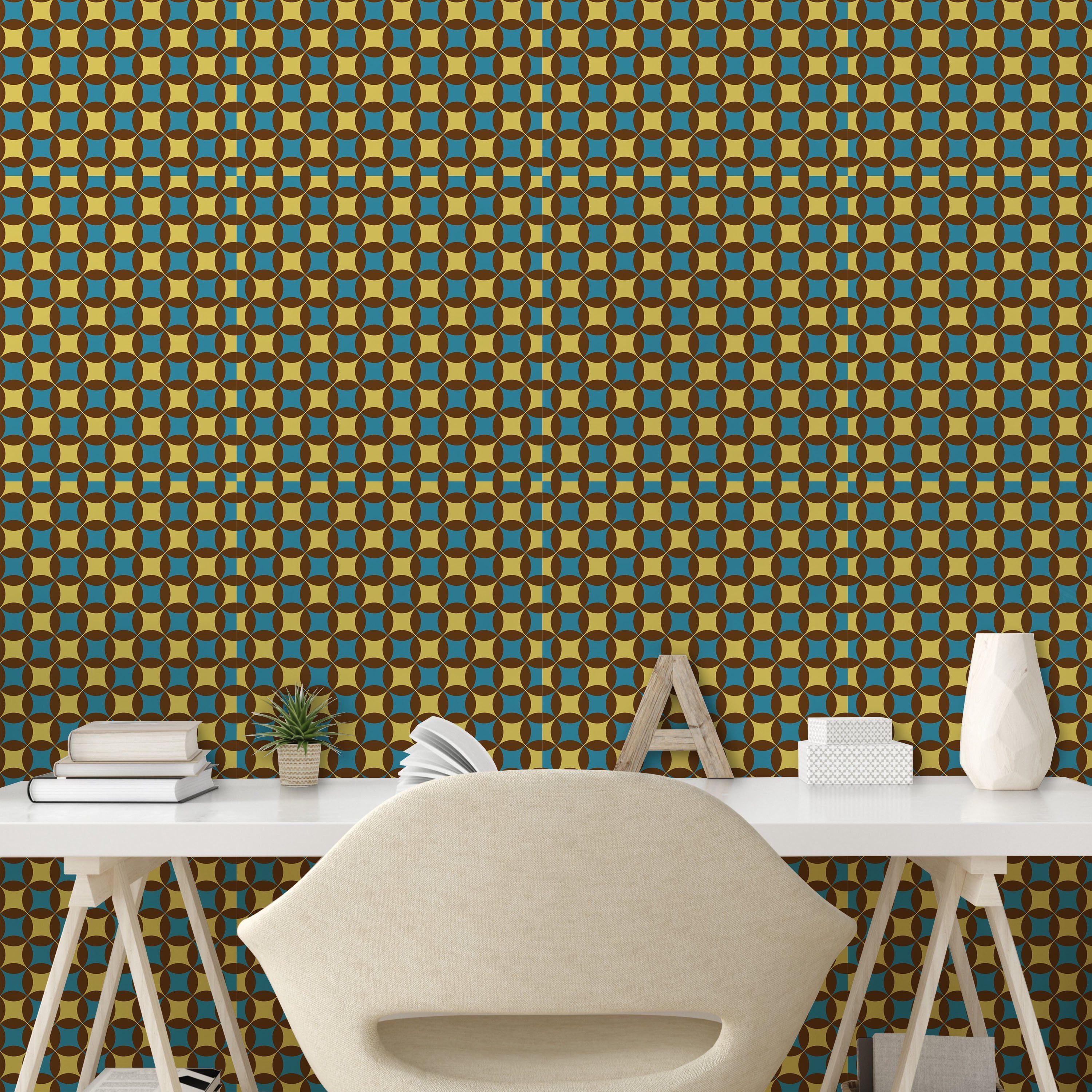 Abakuhaus Vinyltapete selbstklebendes Wohnzimmer Küchenakzent, Retro Jahre Geometric Tile Stil 70er