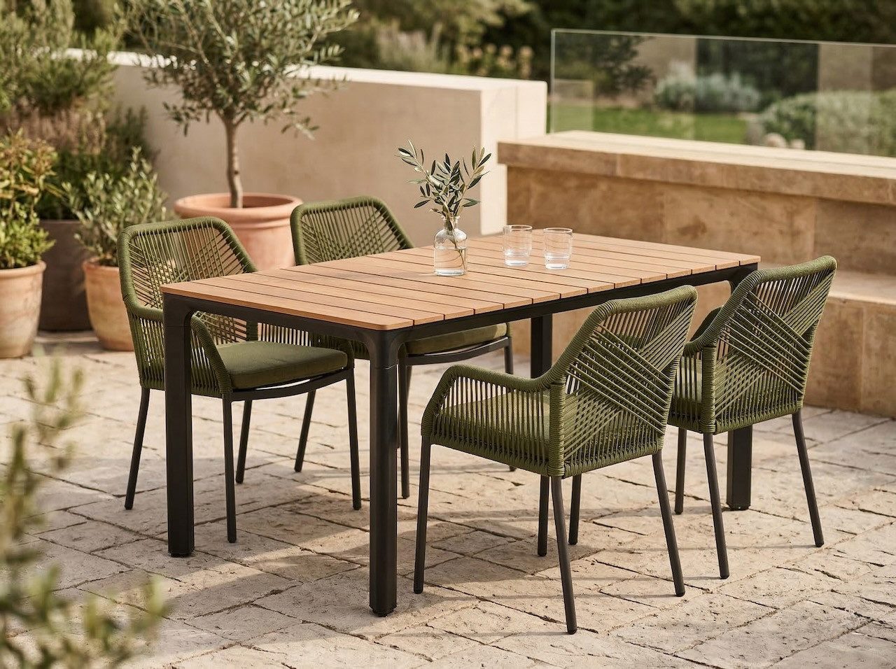 Lesli Living Garten-Essgruppe "Arrezo Eckig" + 4 Geflecht-Stühle, Polywood Teakholzlook, Aluminium, Sitzkissen, Geflochten, Skandi - Boho Stühle, Gartenmöbel-Set, Rope
