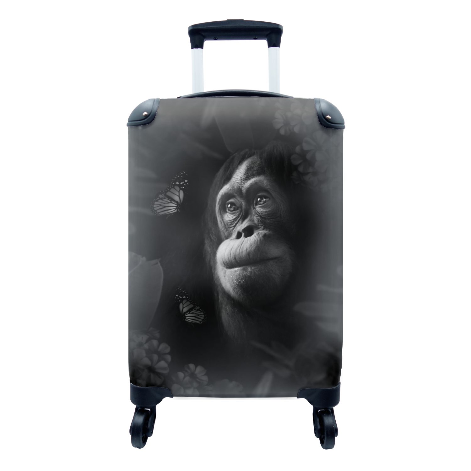 MuchoWow Handgepäckkoffer Affe Trolley, Reisetasche Dschungel für 4 Handgepäck Ferien, im schaut weiß, mit an Rollen, schwarz Schmetterlinge - rollen, Reisekoffer und sich