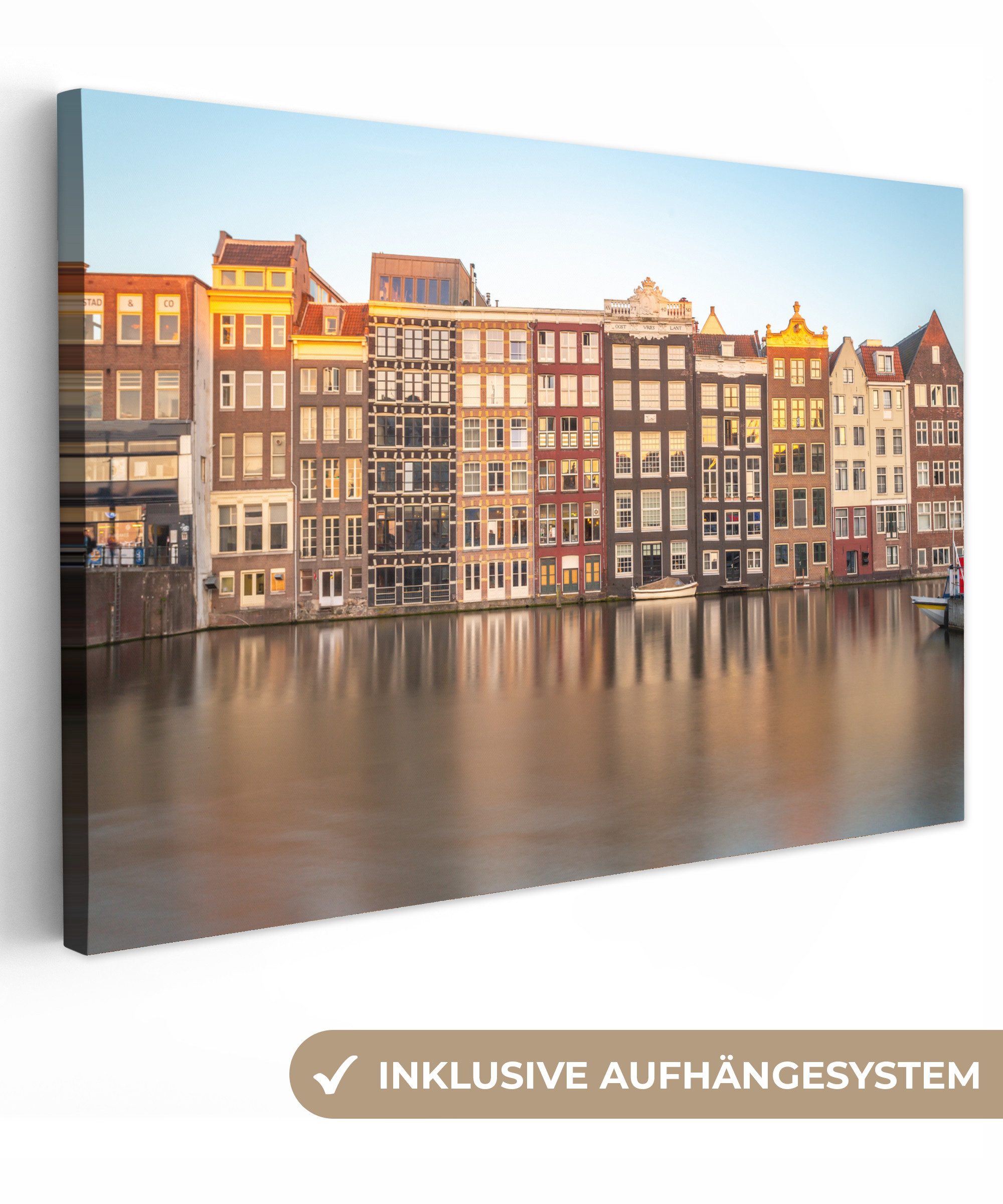 OneMillionCanvasses® Leinwandbild Grachtenhäuser in Amsterdam unter blauem Himmel, Fotodruck (1 St), Leinwand Bilder Klein, Wand Dekoration Aesthetic 30x20 cm