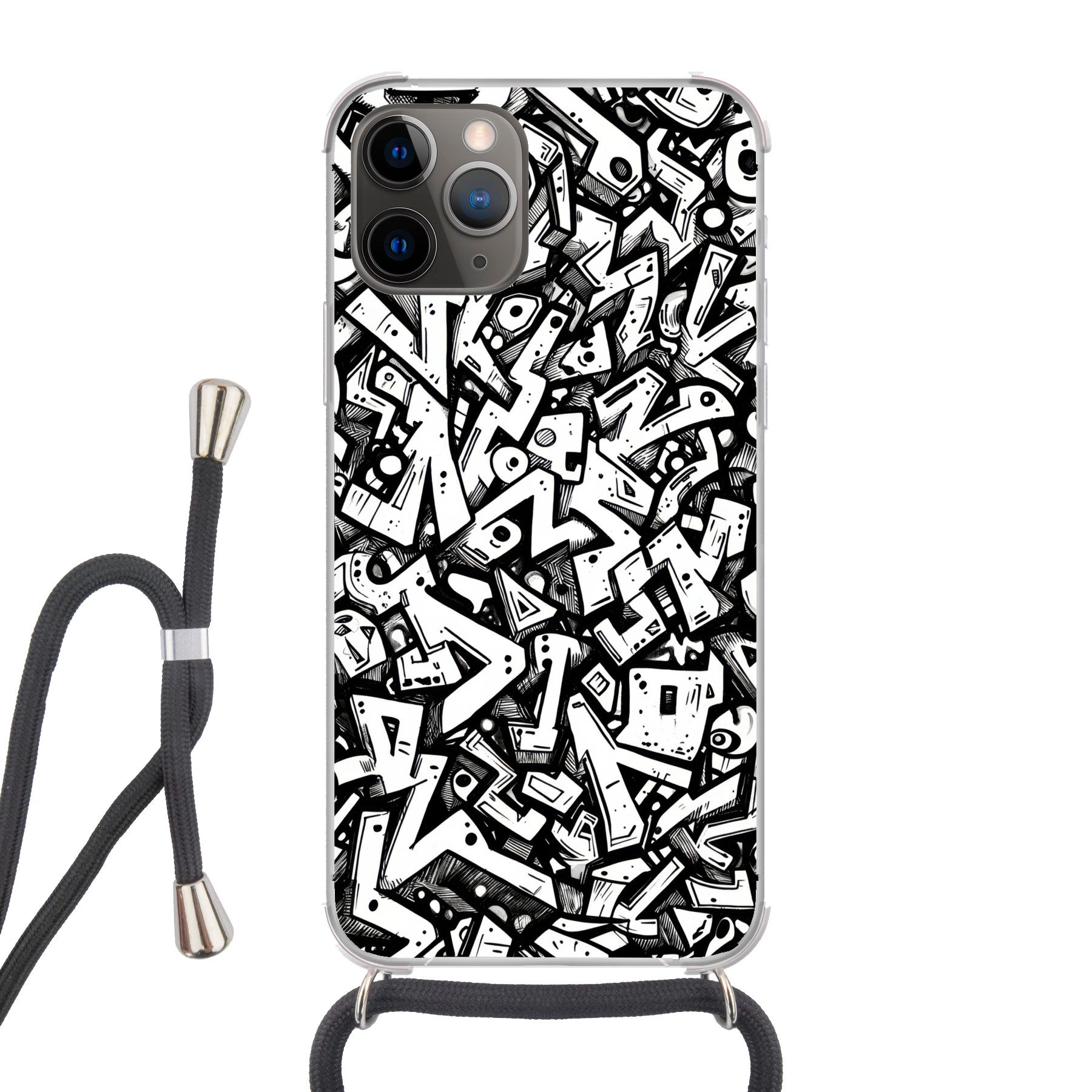 MuchoWow Handyhülle für Apple iPhone 13 Pro Max Formen - Buchstaben - Graffiti - Schwarz, Tragbare Handyhüllen mit Kette zum umhängen, Handykette Handyband