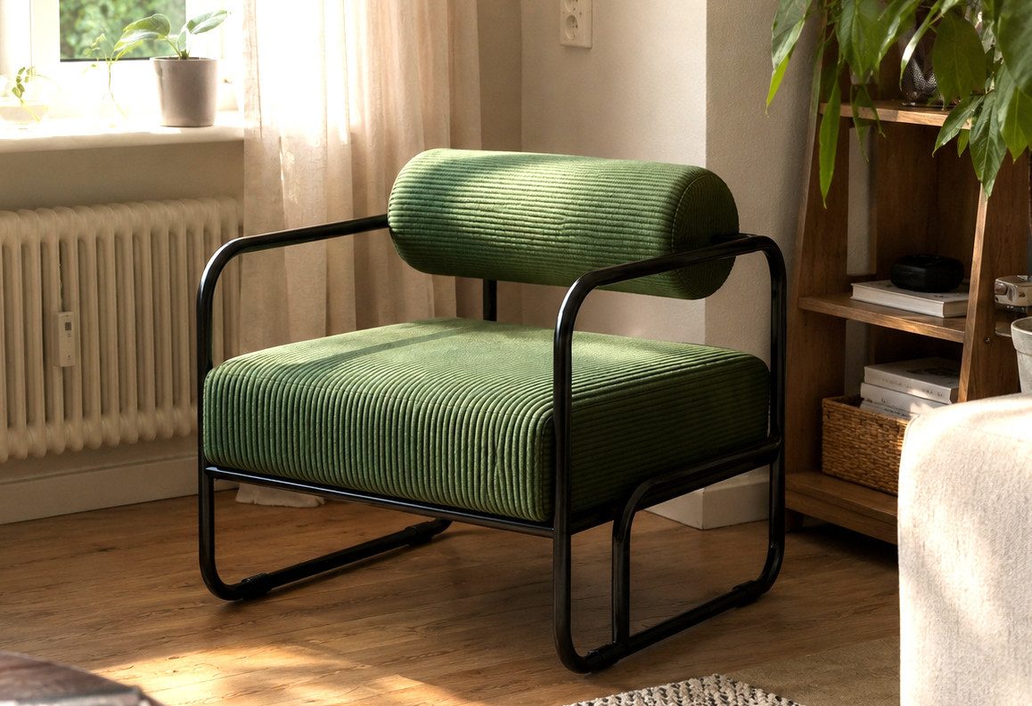 LVHOM Loungesessel Moderner Designer Loungesessel mit Cordbezug & Metallgestell (Kuschelweicher Cord, stabile Konstruktion, werkzeuglose Montage. Perfekt zum Entspannen in kleinen Räumen., Einzelner, 68.5x73x70.5 cm (LxBxH). Belastbar bis 130 kg), Industrial Design, minimalistisch, für Wohnzimmer, Schlafzimmer, Büro