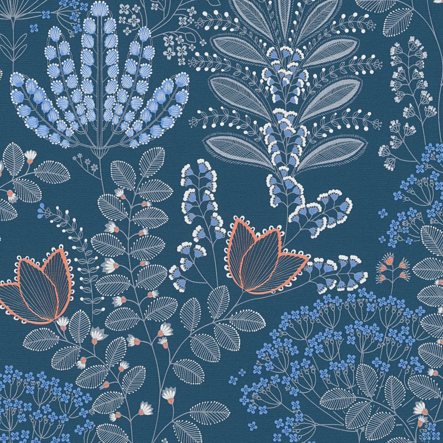 Profhome Vliestapete 393494-GU Blumen Tapete Floral matt blau weiß orange-rot, geprägt, (1 Rolle, 5,33 qm), heißgeprägte Vliestapete, blau