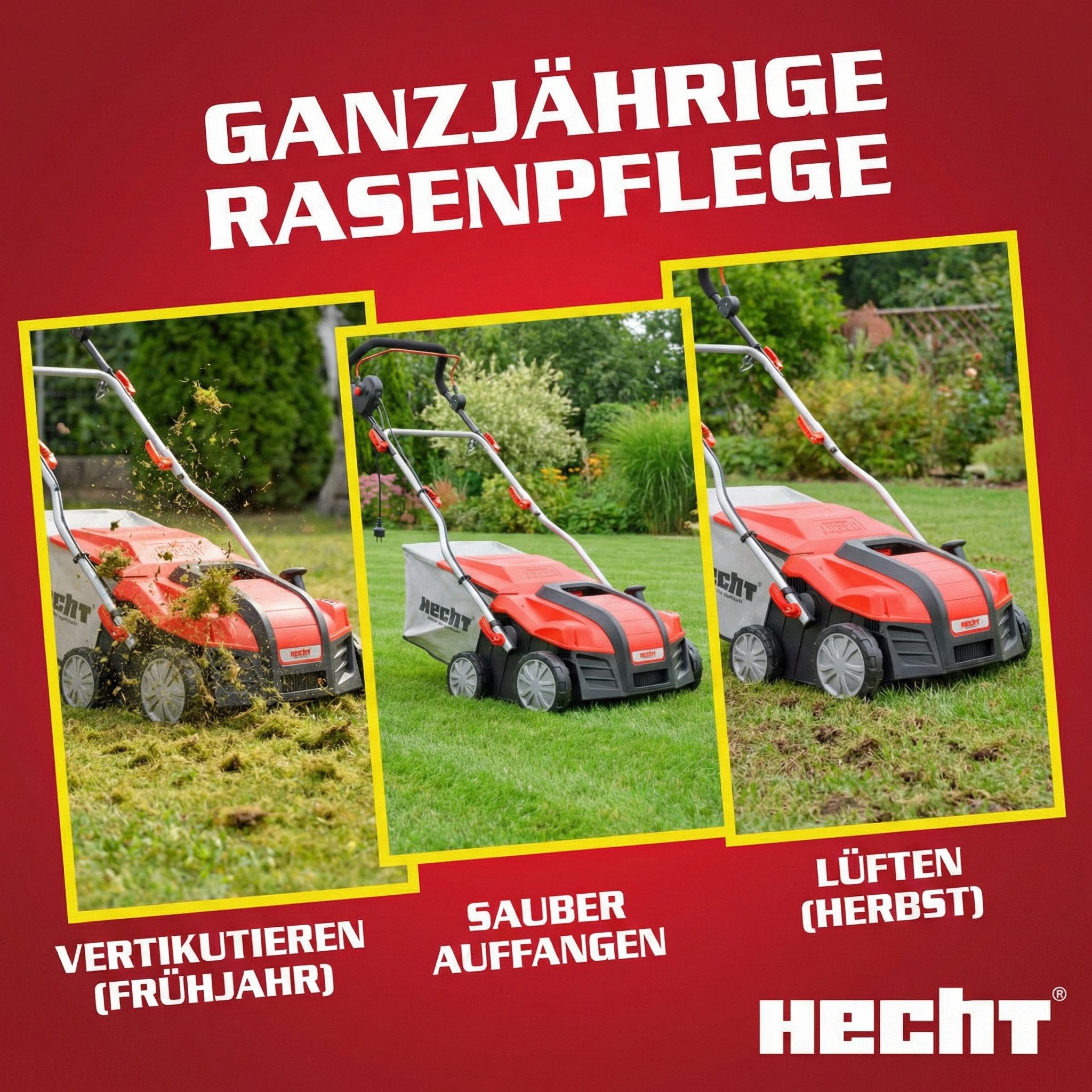 Hecht Elektro-Vertikutierer / Lüfter Rasenlüfter 1848 2in1 mit 55 Liter Grasfangkorb, 38,30 cm Arbeitsbreite, 1800 Watt, 20 Vertikutiermesser