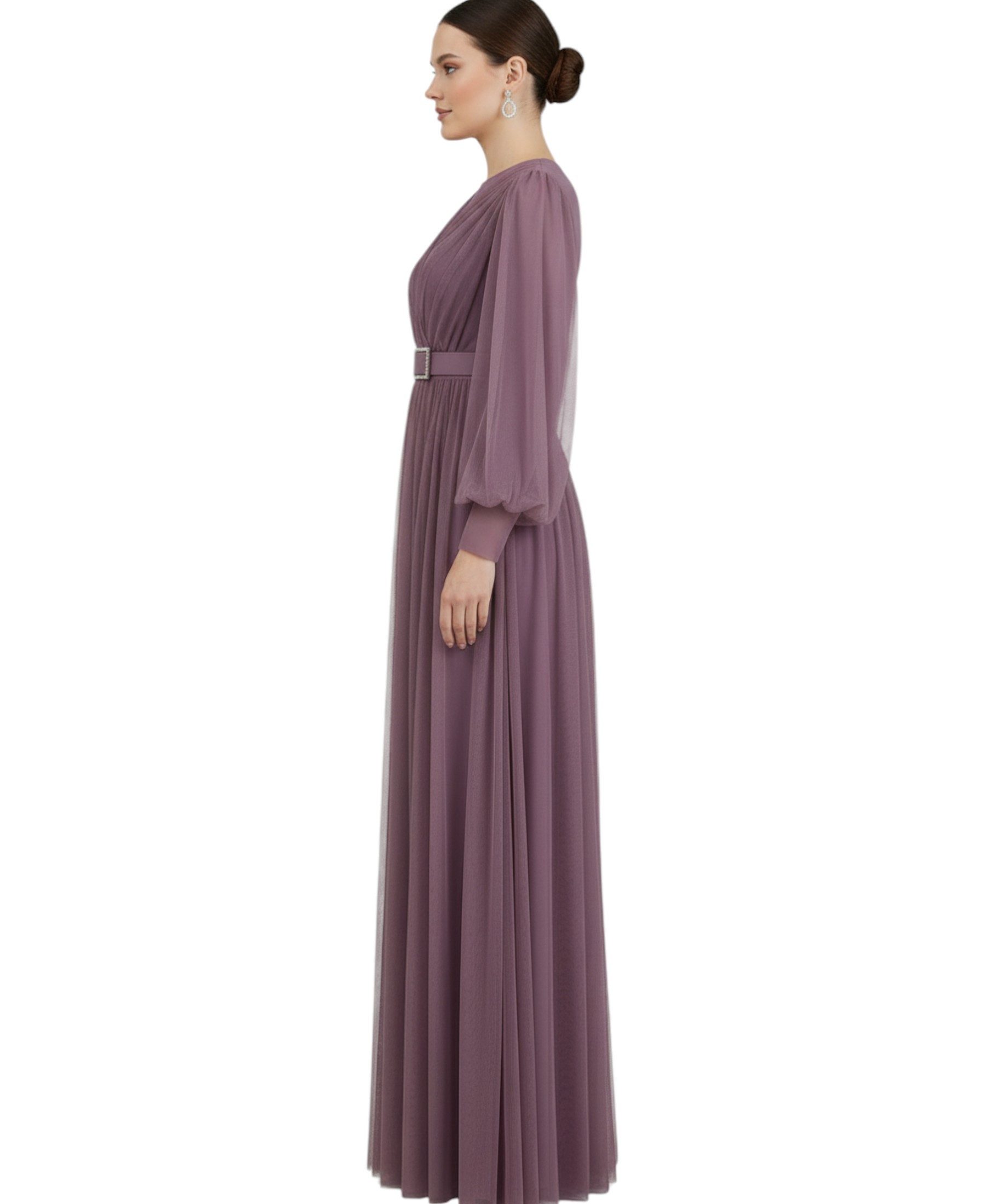 fashionshowcase Abendkleid Damen Maxikleid langarm Tüllkleid elegant mit Gürtel Modest Fashion Fließender Plissee-Rock mit taillierendem Gürtel