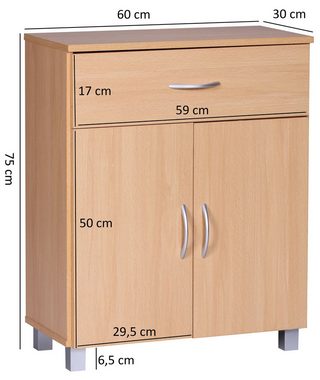 Wohnling Sideboard WL1.335 (SETE Buche mit 2 Schubladen & 2 Türen 60x75x30 cm), Design Kommode Anrichte Flur-Schrank mit Griffen