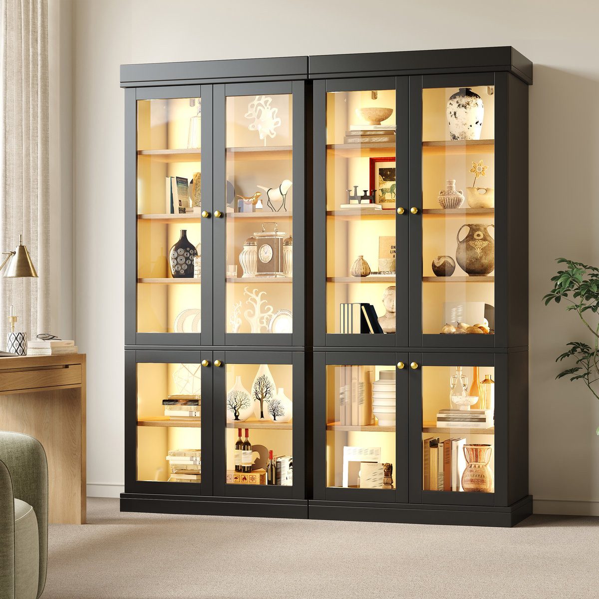 Odikalo Vitrine Vitrineschrank Glasvitrine mit LED (durchdachter Innenaufteilung und Kippschutz, stabil, sicher und vielseitig für Zuhause) 160×40×180cm