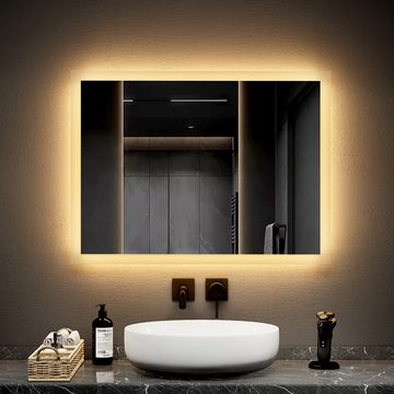 EMKE Badspiegel mit Beleuchtung 80x60cm LED Lichtspiegel 3000K Warmweiß Wandschalter, Vertikal/Horizontal Montage IP44 Wandspiegel Energiesparend