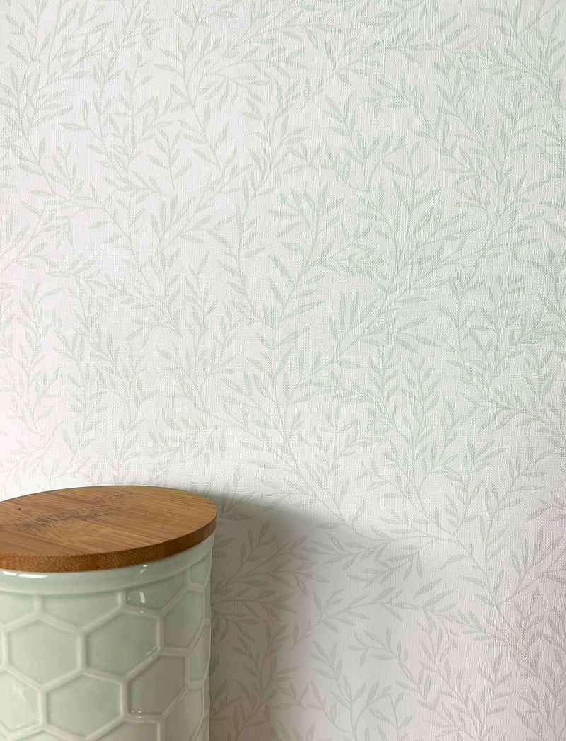 Newroom Vliestapete, Grün Tapete Floral Zweige - Vintage Blumentapete Weiß Romantisch 3D Optik Blätter für Schlafzimmer Wohnzimmer Küche