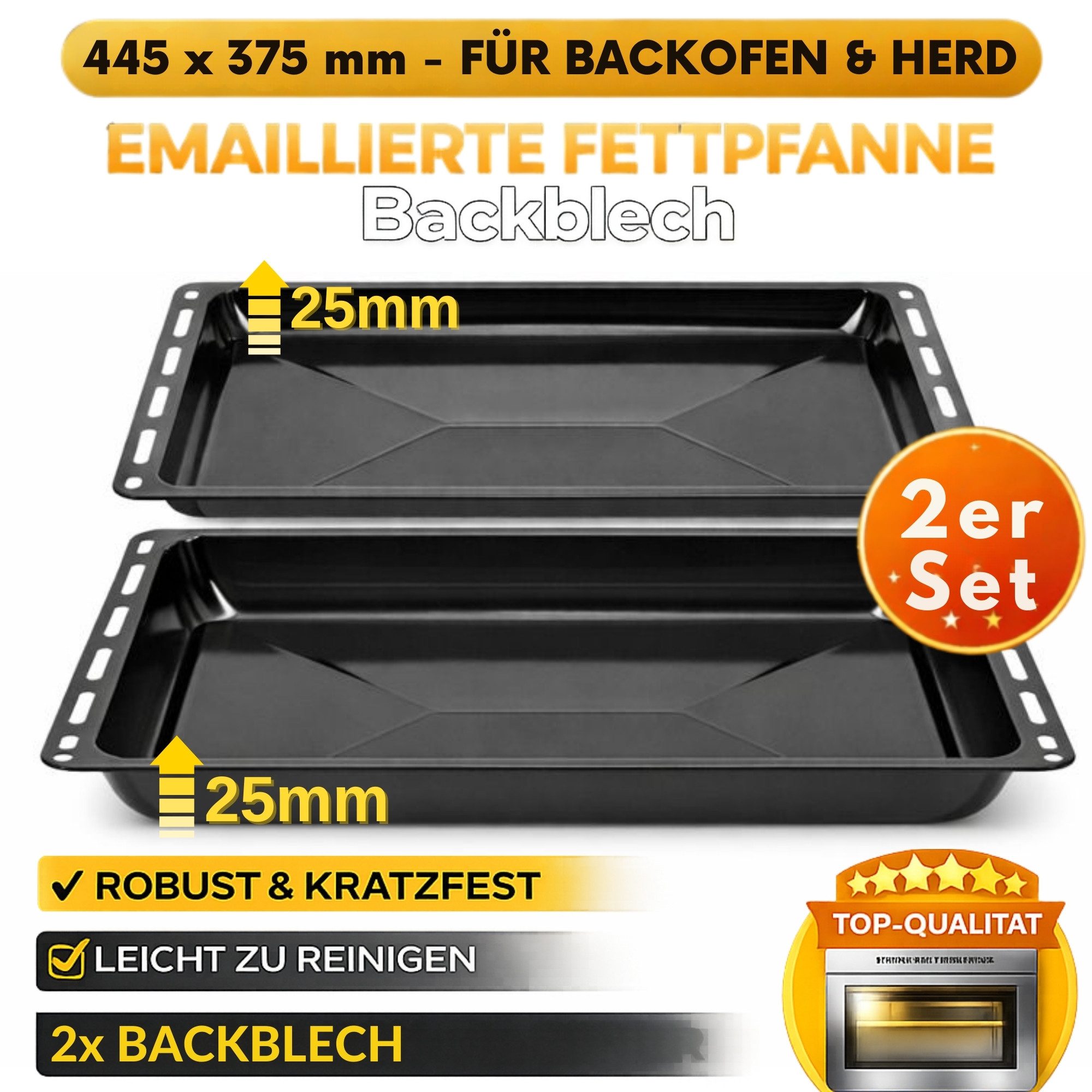 ICQN Backblech 445 x 375 x 25 mm, Emaille, (2-St), Passend für Whirlpool, Ignis, Bauknecht, Indesit, Algor, Neckermann