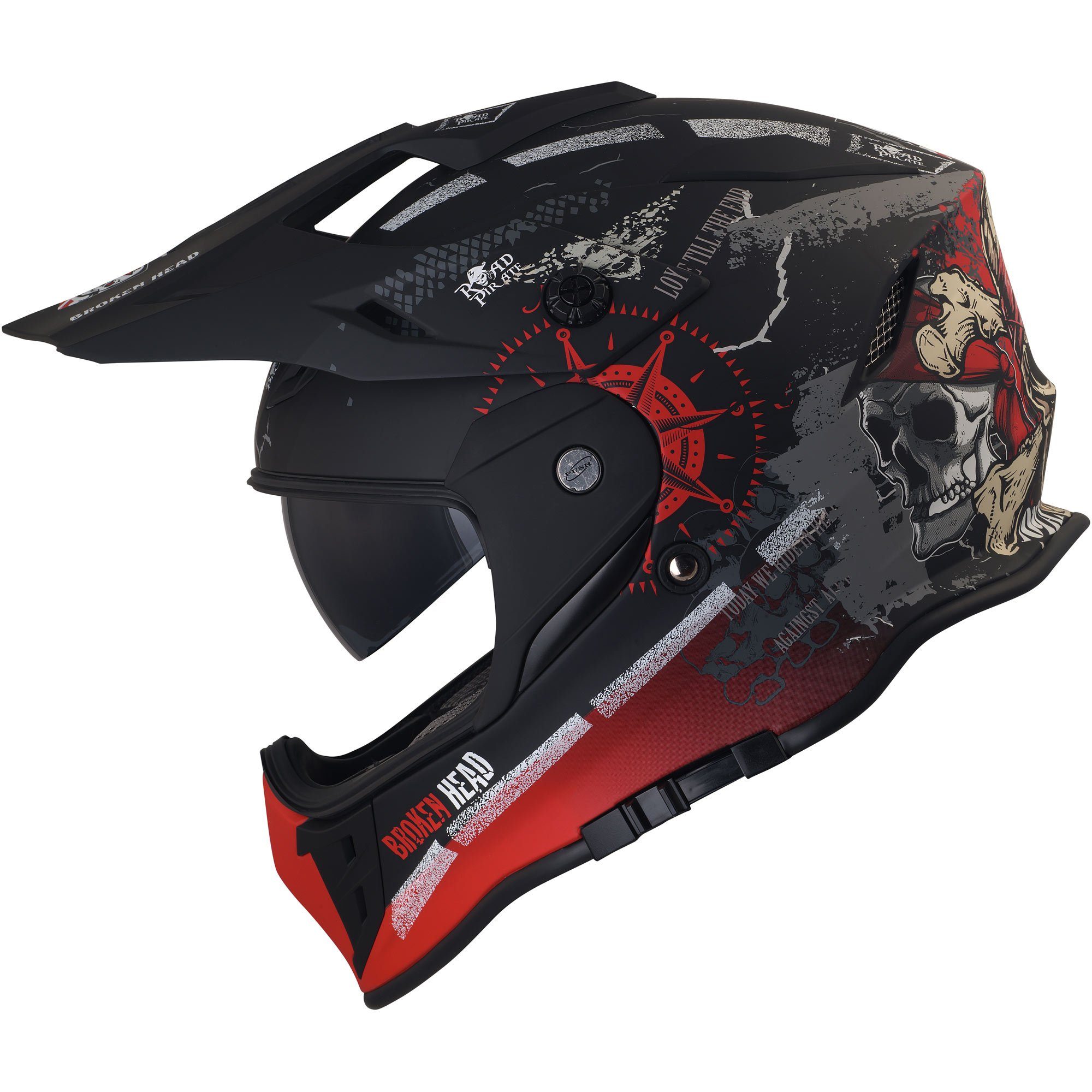 Broken Head Motorradhelm Road Pirate VX2 Rot - Endurohelm, inkl. Sonnenblende