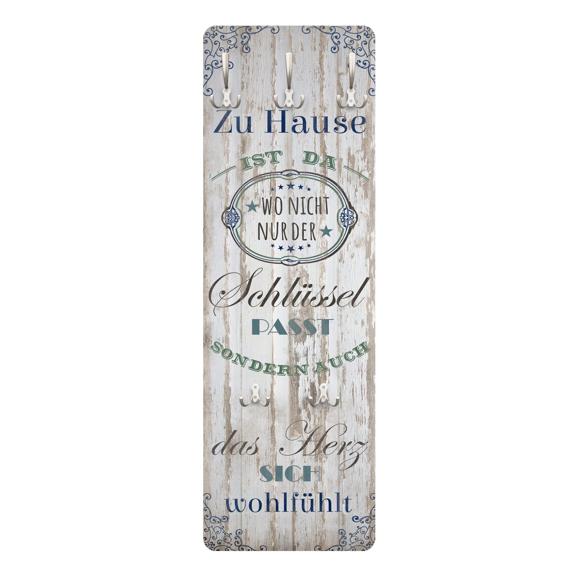 Bilderdepot24 Dekokissen blau Holzoptik Bretteroptik Vintage Shabby Sprüche Zu Hause ist da, moderne Wandgarderobe - Flurgarderobe im schmalen Hakenpaneel Design