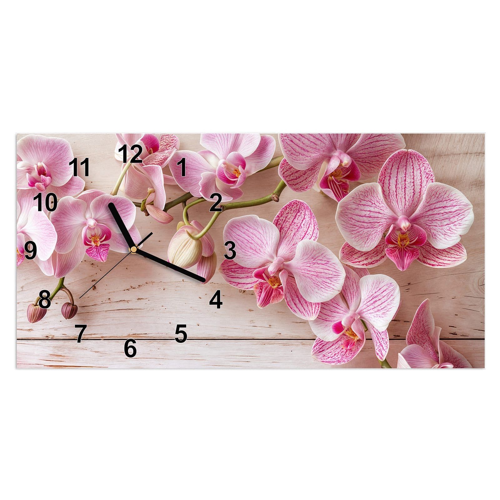 Wanduhr Glasuhr Wandkunst Größe 60 x 30 cm mit Motiv Orchideen_tabletop