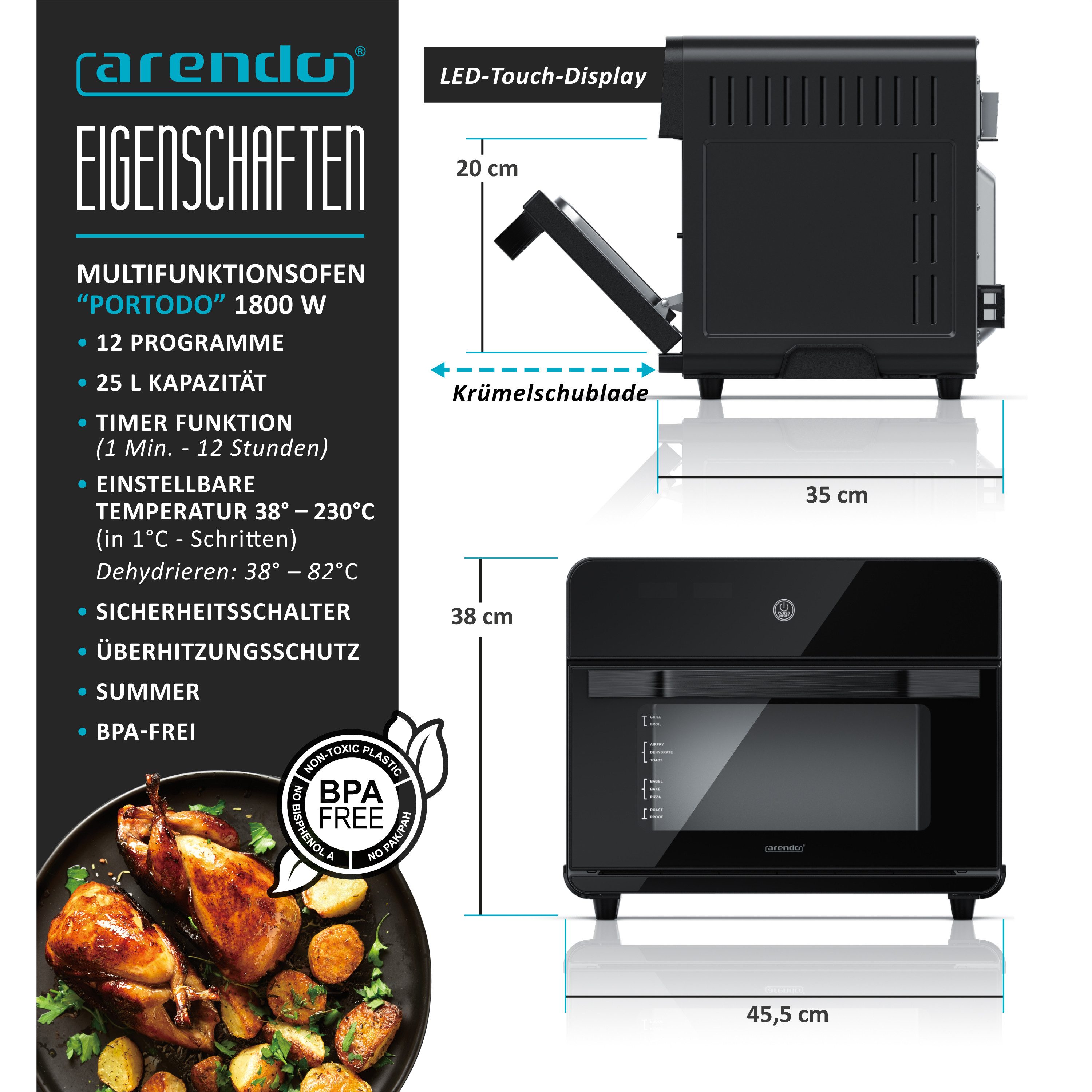 Arendo Minibackofen Airfryer 25L Edelstahl Multifunktionsofen, XXL Heißluftfritteuse 1800W, mini Backofen mit Backpapier, Backblech, Dörrblech, Rost, Frittierko – Bild 3 von 5