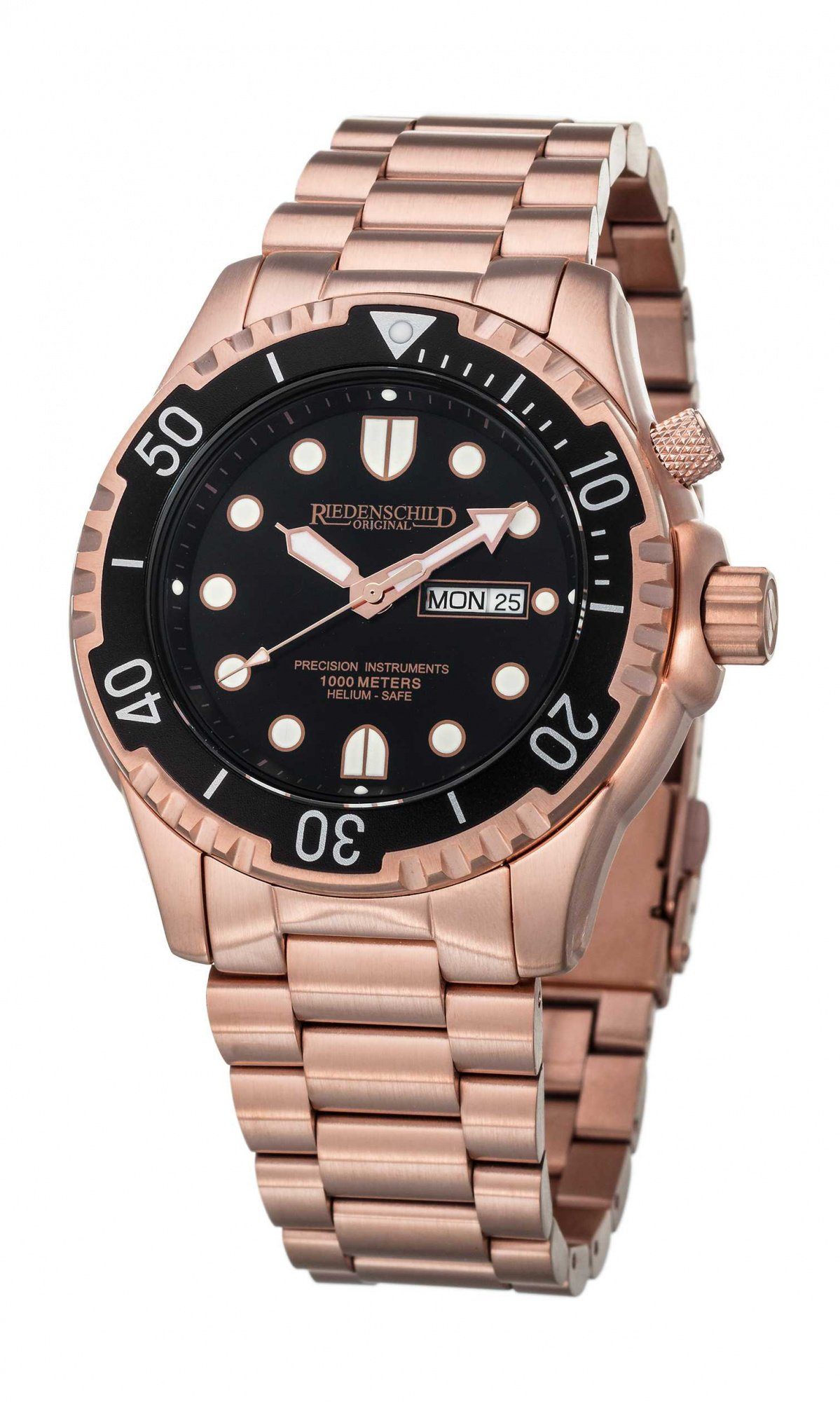 Riedenschild Taucheruhr RS8000-04, IP-Roségold, 100 ATM Wasserdicht, 46 mm, Silikon- &, Edelstahlband, Heliumventil, Robuste Armbanduhr für Tauchen und Sport