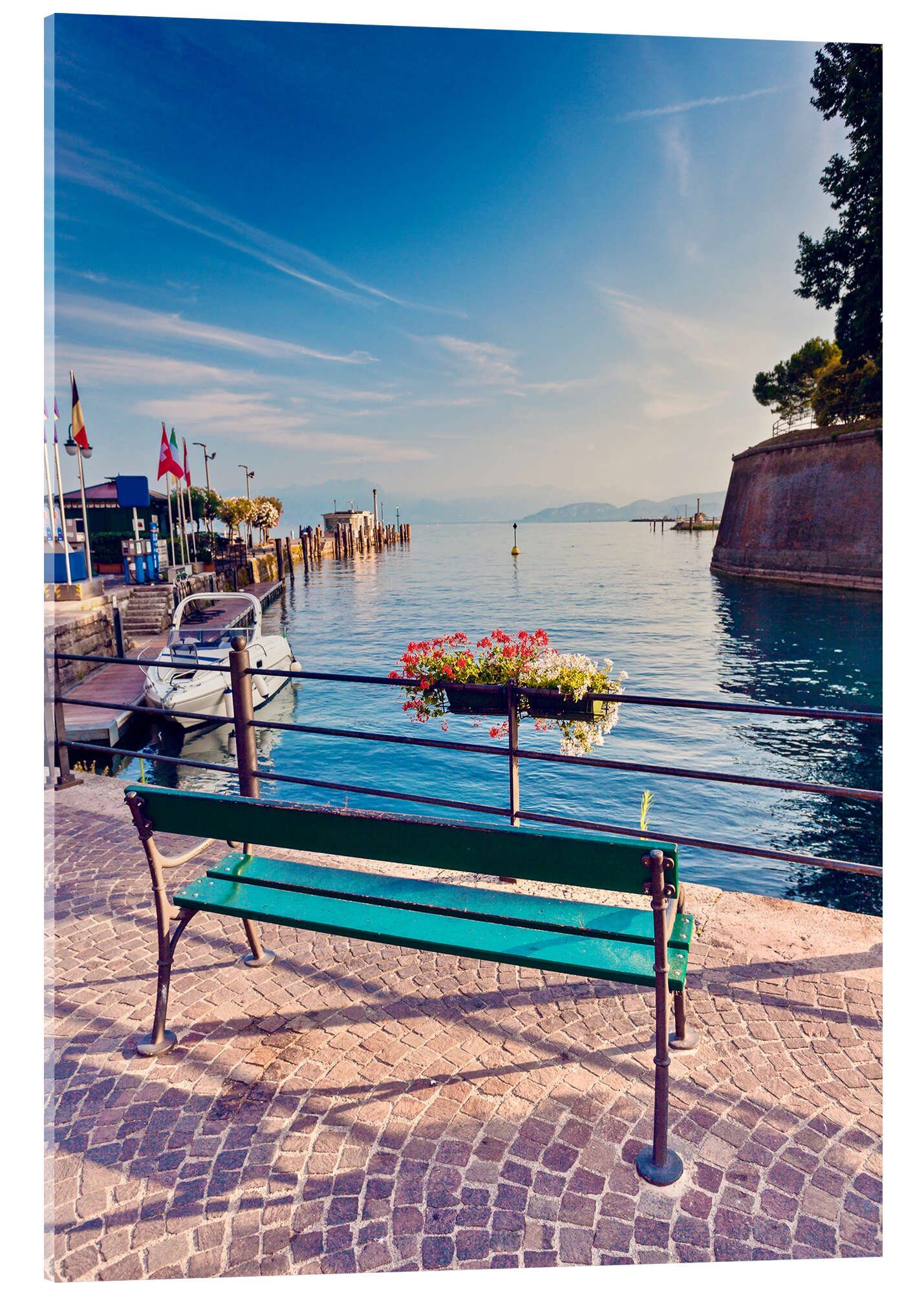 Posterlounge Acrylglasbild Editors Choice, Bank an der Küste von Garda in Peschiera, Esszimmer Fotografie