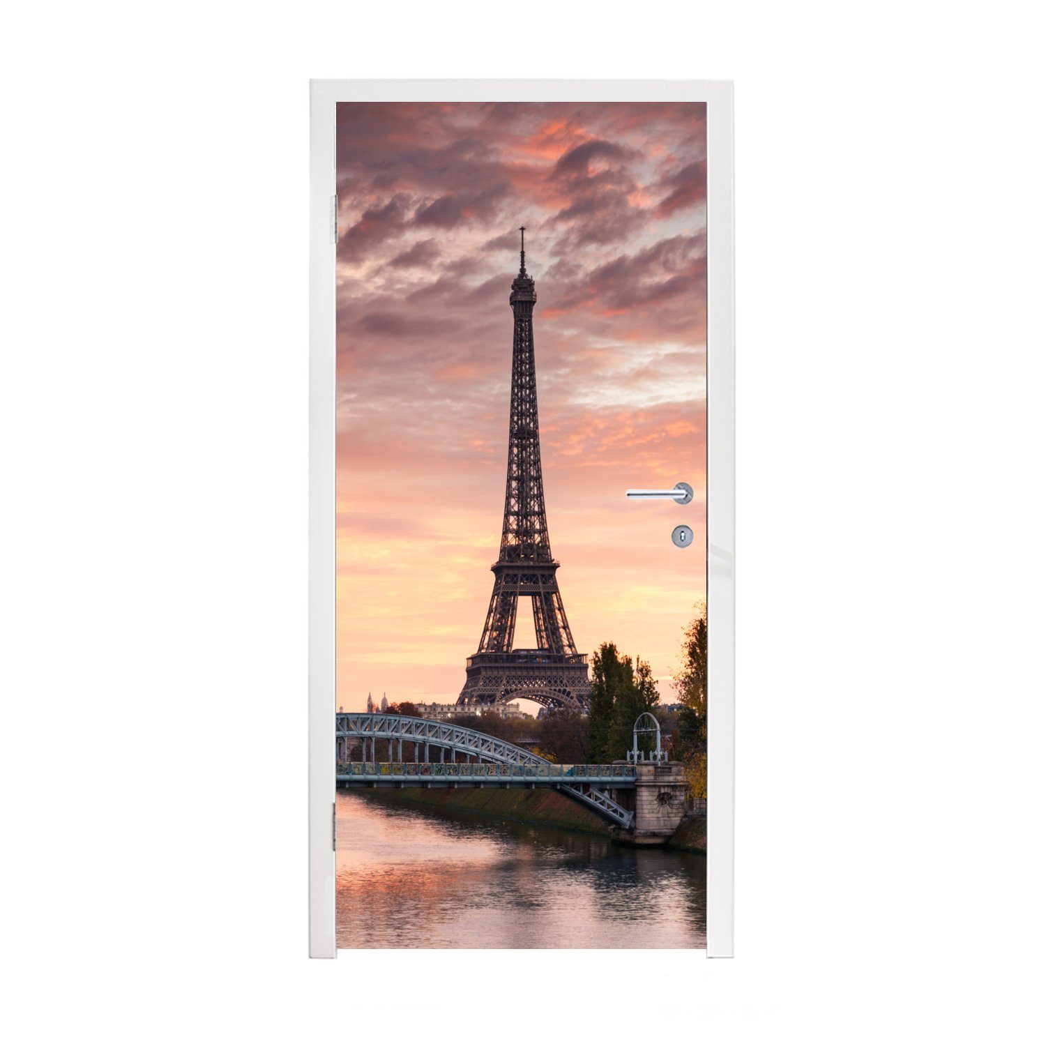 MuchoWow Türtapete Ein wunderschöner orangefarbener Himmel über dem Eiffelturm in Paris, Matt, bedruckt, (1 St), Fototapete für Tür, Türaufkleber, 75x205 cm