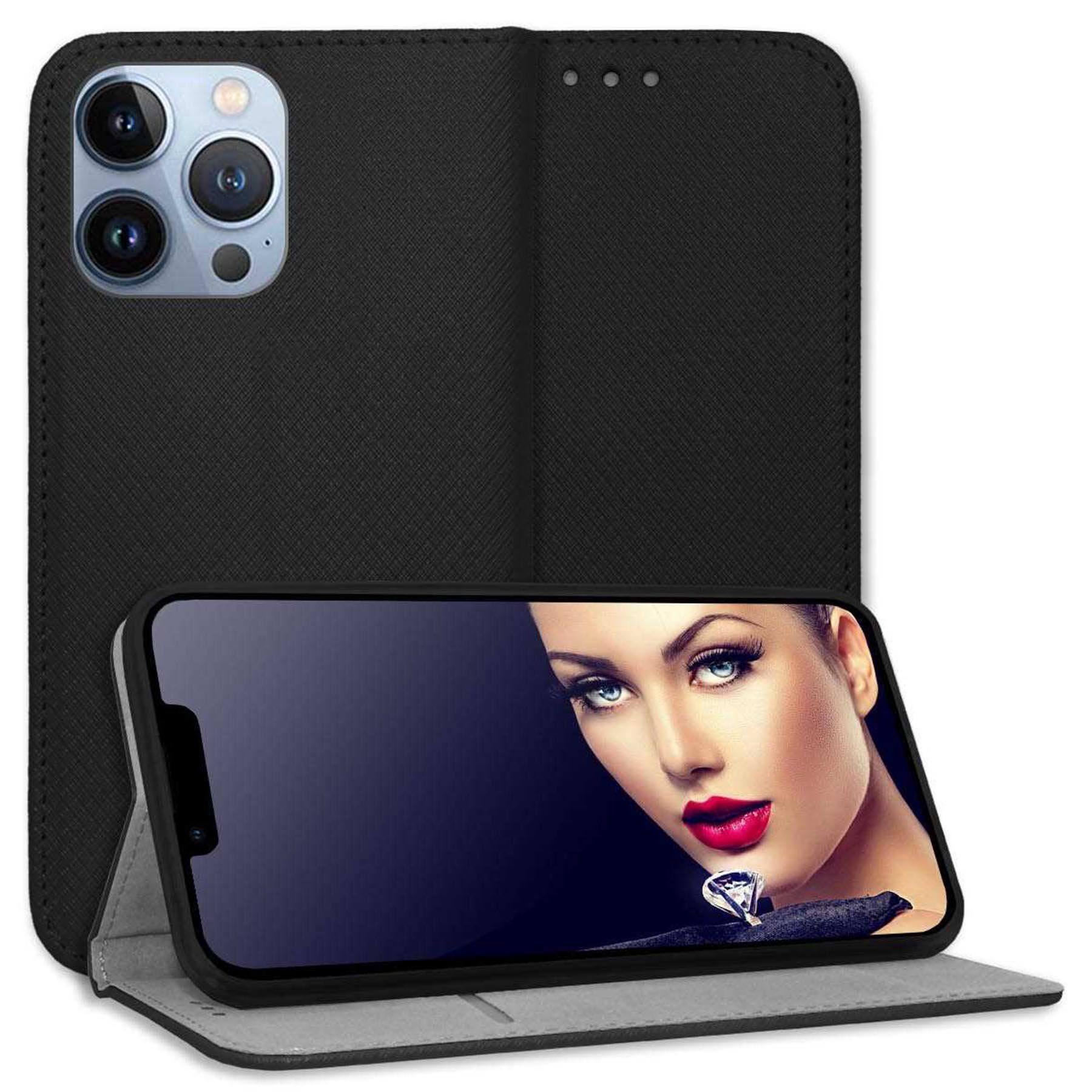 mtb more energy Smartphone-Hülle Smart Magnet für Apple iPhone 13 Pro, Schwarz, Bookstyle Klapphülle Cover Wallet Case aus Kunstleder