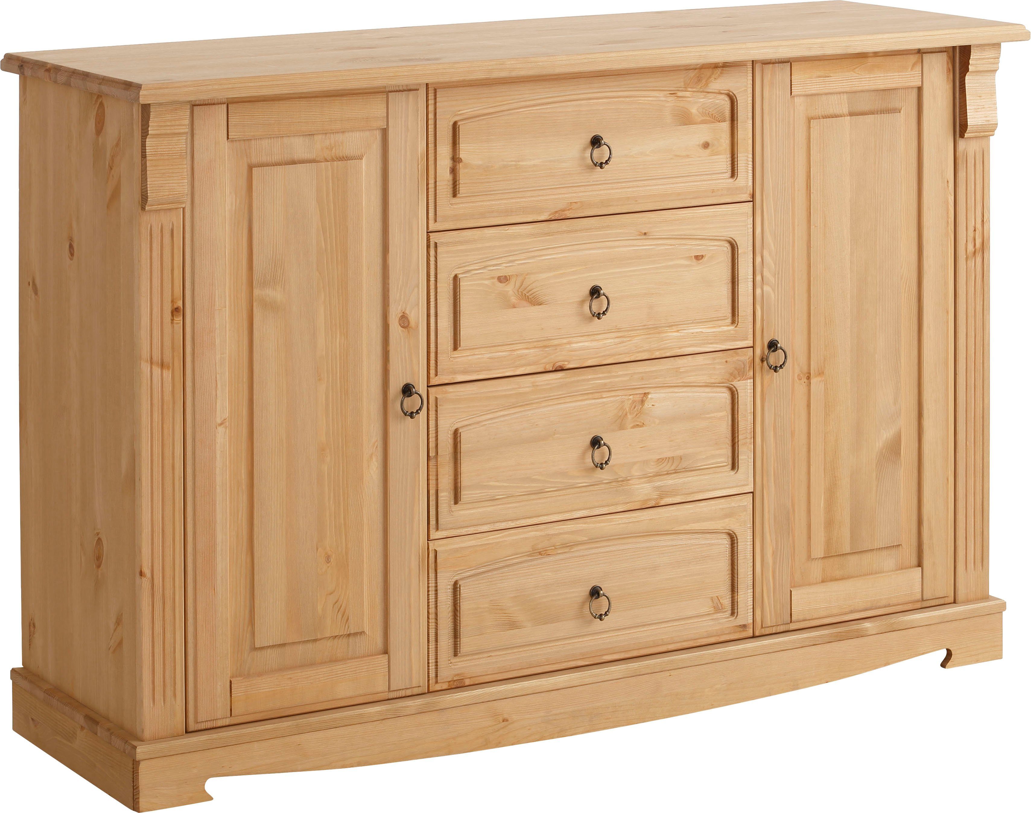 Home affaire Sideboard Anna (Gesamtmaße (B/T/H): ca. 140/44/88 cm), Kommode, Breite 140 cm, 4 Выдвижные ящики, 2 Двери, Massivholz, FSC®