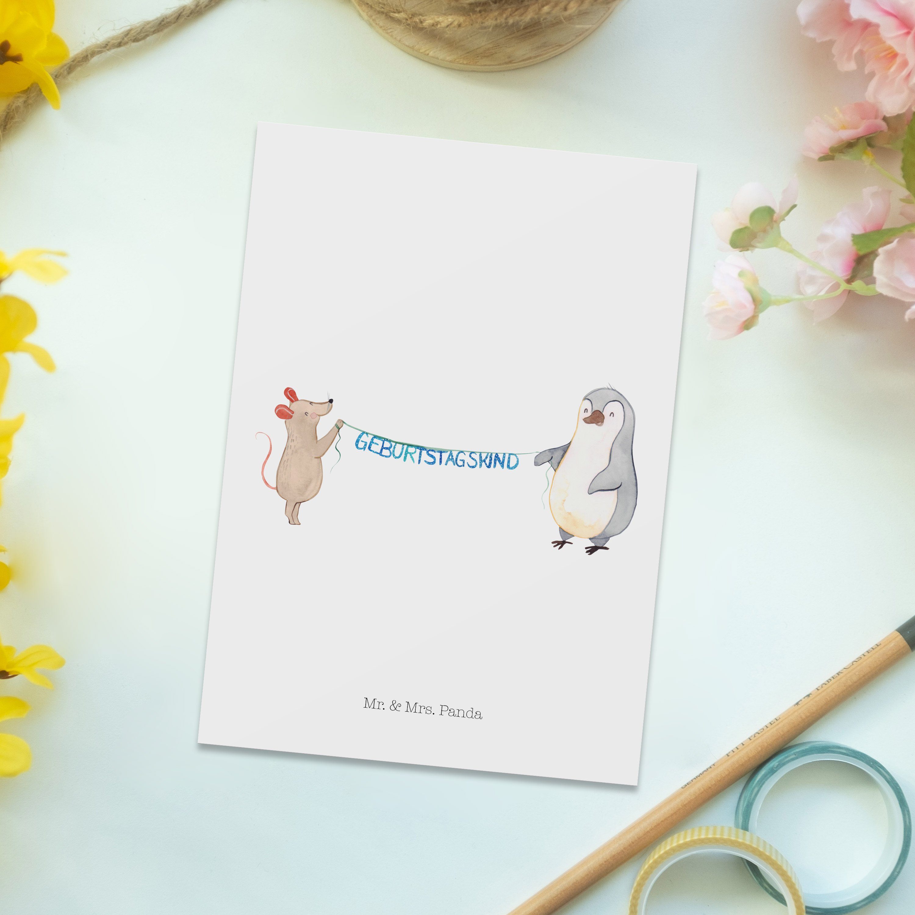 Maus & Geburtstagsfeier, Mr. Panda Postkarte Geschenk, Geburtstag - Weiß Pinguin Geburtst - Mrs.