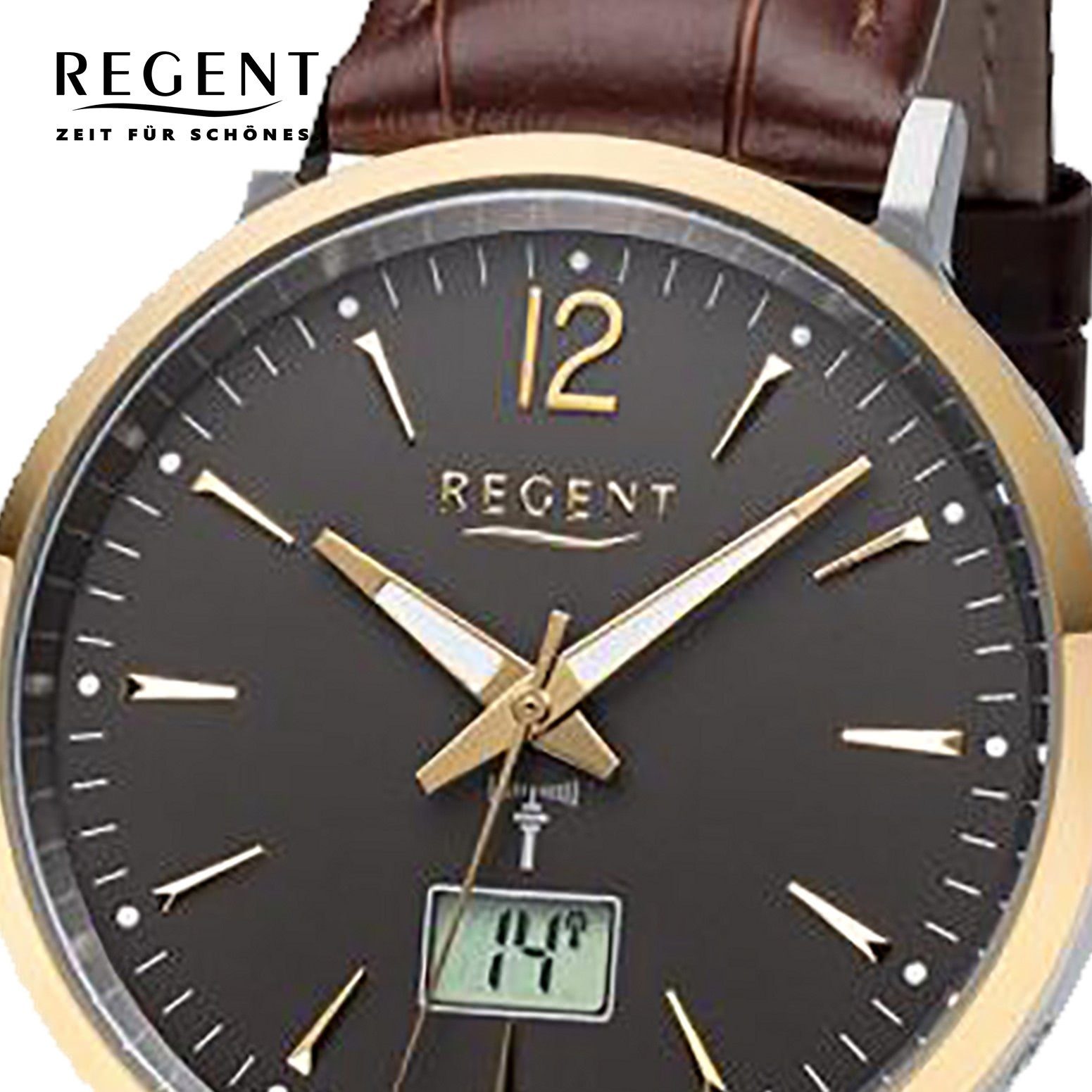 Regent Funkuhr Regent Herren Uhr FR-244 Leder Funkwerk, (Funkuhr), Herren Funkuhr rund, groß (ca. 40mm), Lederarmband