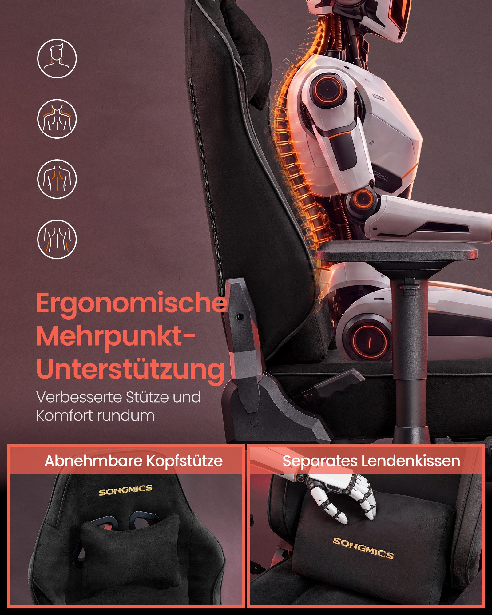 SONGMICS Gaming-Stuhl Schreibtischstuhl ergonomisch, 4D verstellbare Armlehnen, Fußstütze, Bis 200 kg belastbar, 72 x 72 x (125-135) cm, Wildlederimitat – Bild 5 von 5