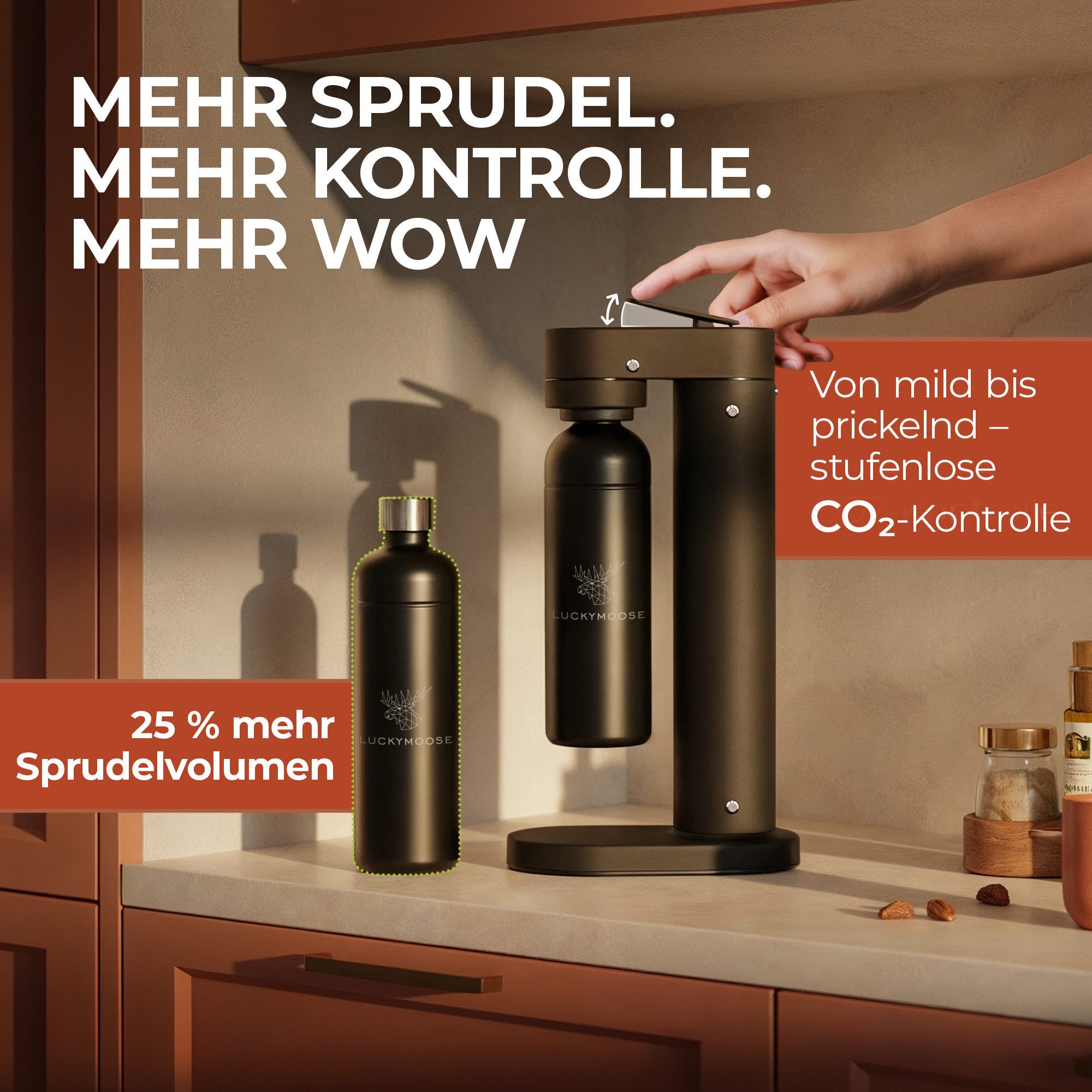 Luckymoose Wassersprudler Infinity-S mit 2x 1,25L langlebige Edelstahlflaschen, (2xSchwarz-tlg), Spart bis zu 25% CO2, Flaschen spülmaschinenfest & ohne Ablaufdatum