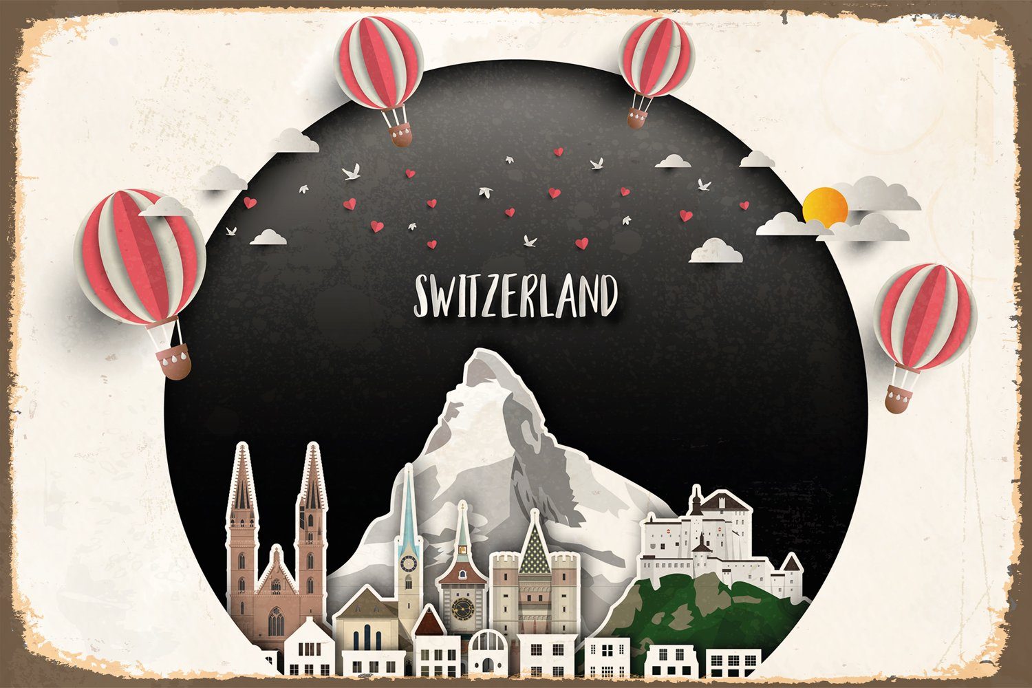 Switzerland City, Stahlschilder, Metallbild Schweiz, queence Schweiz, Ski