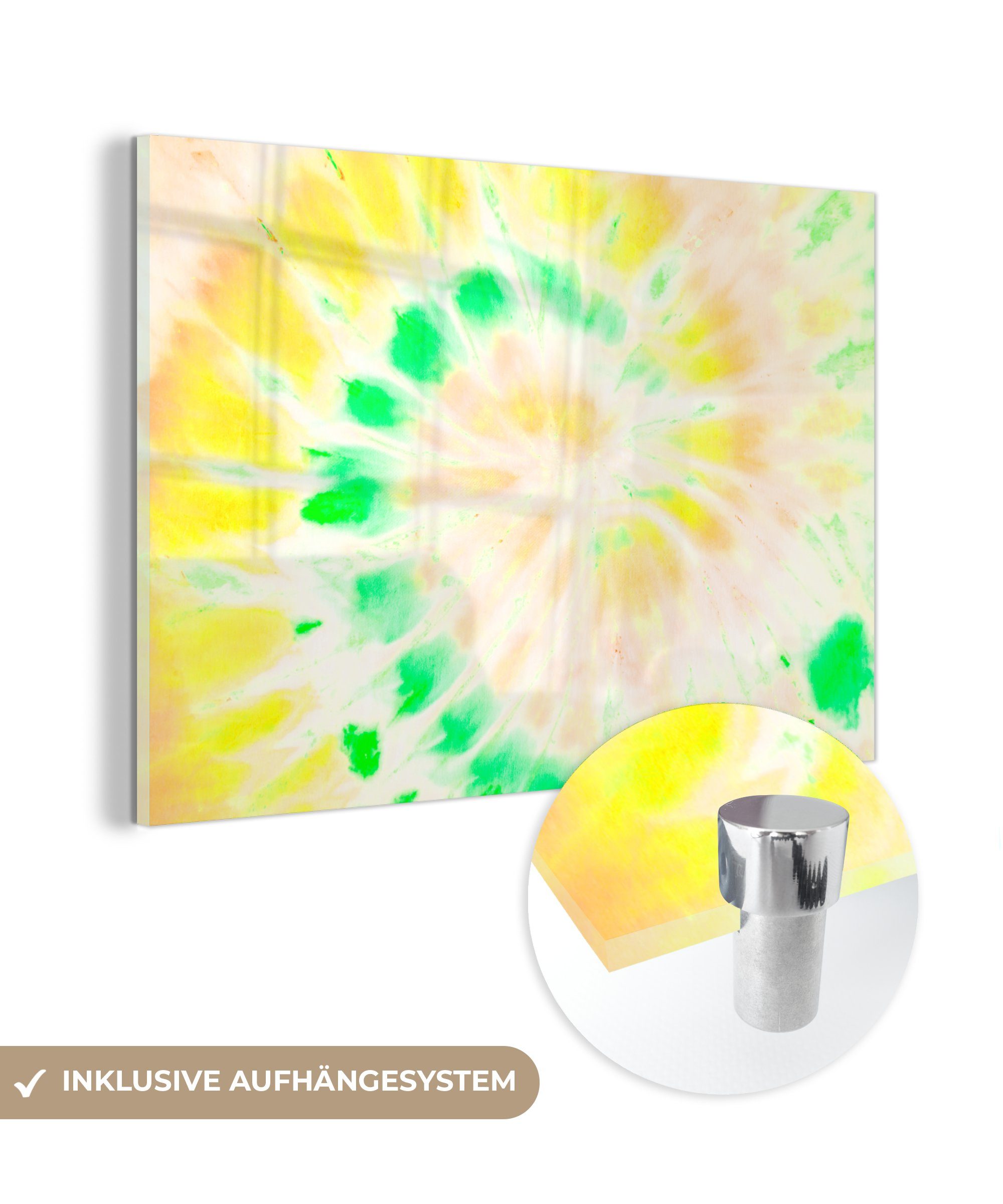 St), Foto Wandbild MuchoWow Glasbilder Bilder Glas (1 Gelb Wanddekoration Acrylglasbild - - - auf Krawattenfärbung Grün, - auf - Glas