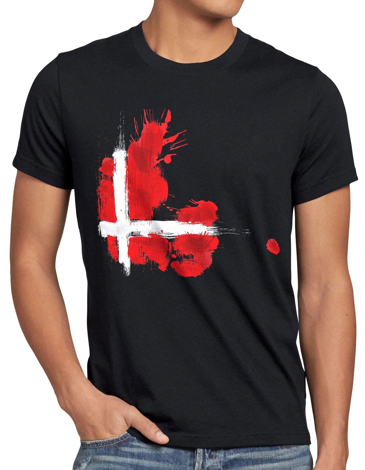 Sport Herren Fußball Fahne Denmark WM Print-Shirt schwarz T-Shirt EM Dänemark style3 Flagge