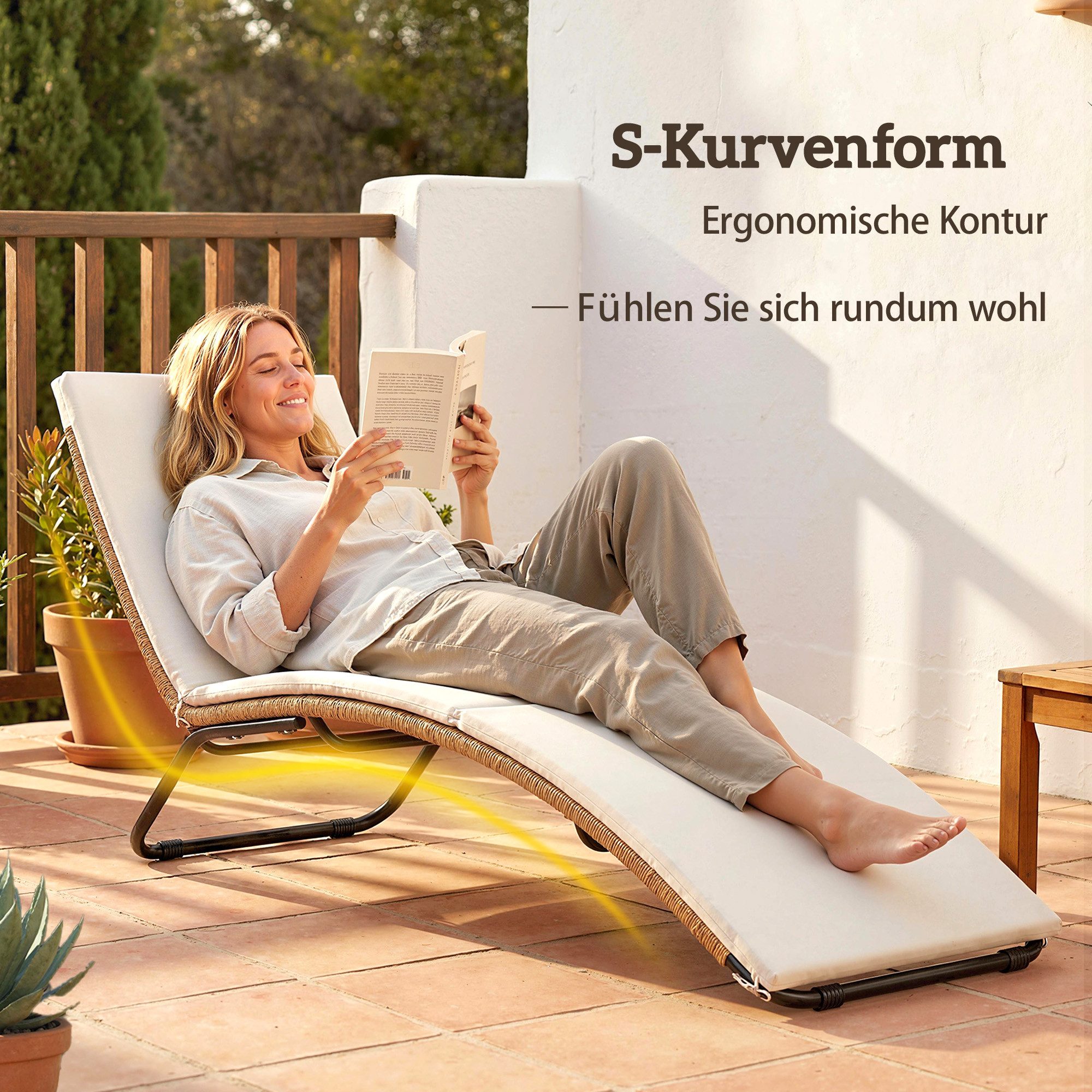 Outsunny Gartenliege Poly Rattan S-förmige Liege mit Auflage, UV-beständig, Relaxliege, 1 St., Sonnenliege, für Garten Terrasse Pool Cremeweiß – Bild 4 von 5