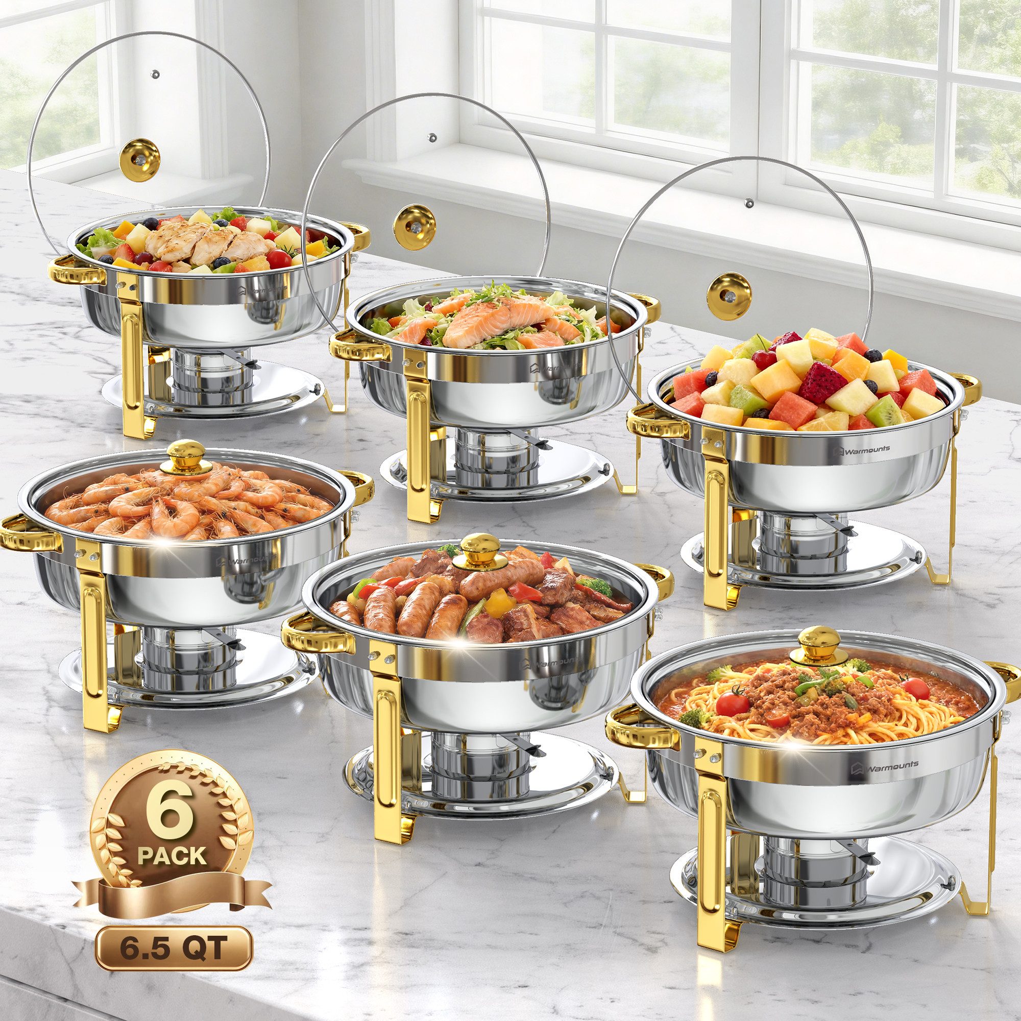 Insma Speisenwärmer 6,15L Luxus Chafing Dish Speisenwärmer Set, (6-tlg., Rund, 6,5 QT Edelstahl mit Deckelhalter und Glasdeckel), Buffet Warmhalter-Set für Catering, Partys, Hochzeit, Abendessen