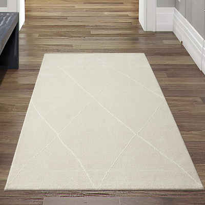 Teppich Klassischer Teppich mit Ribs • recycelt • weich • Rauten creme, Teppich-Traum, rechteckig, Höhe: 12 mm
