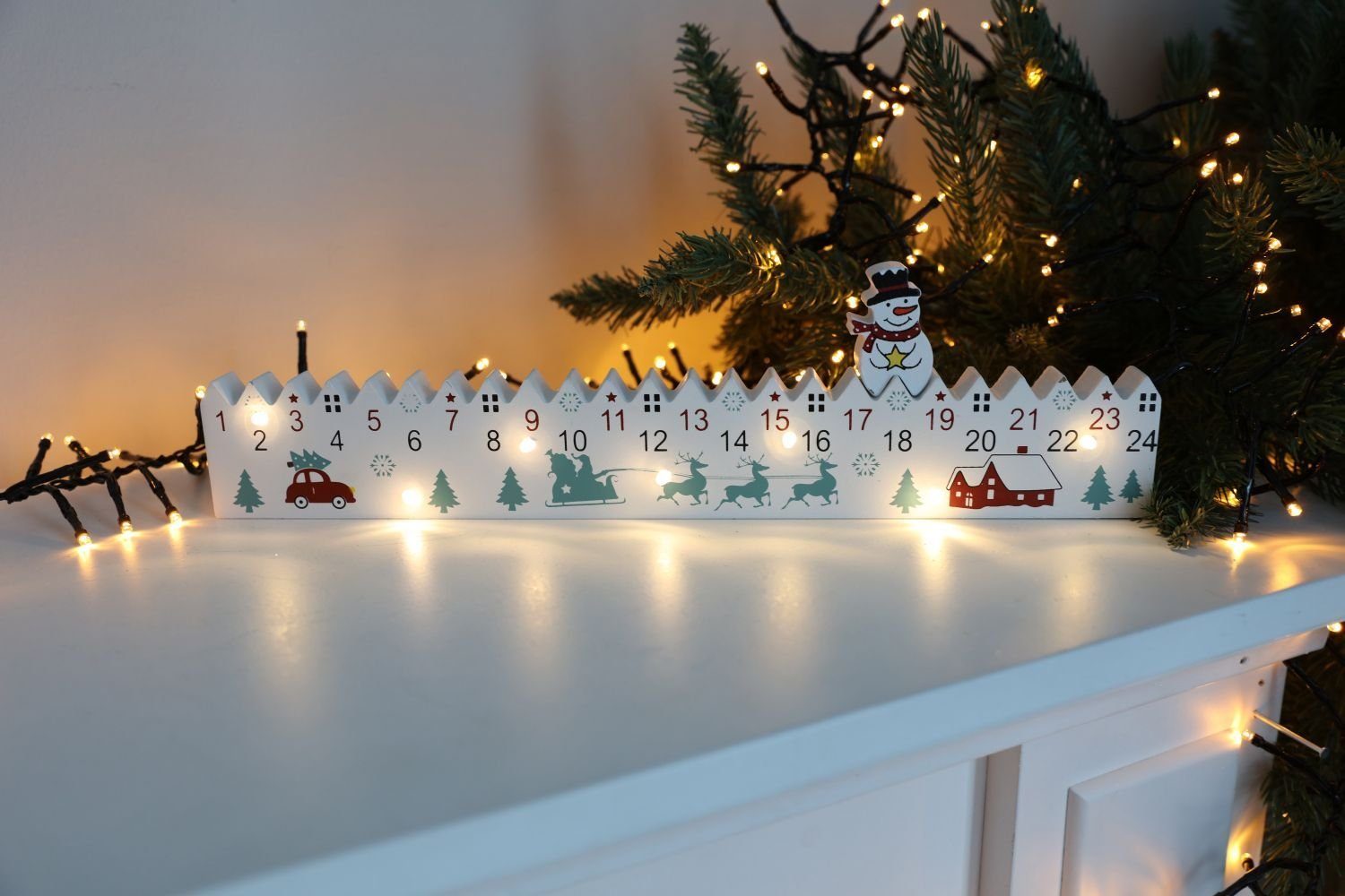 BURI Dekofigur 12x LED Adventskalender aus Holz Weihnachtskalender Weihnachtsdeko