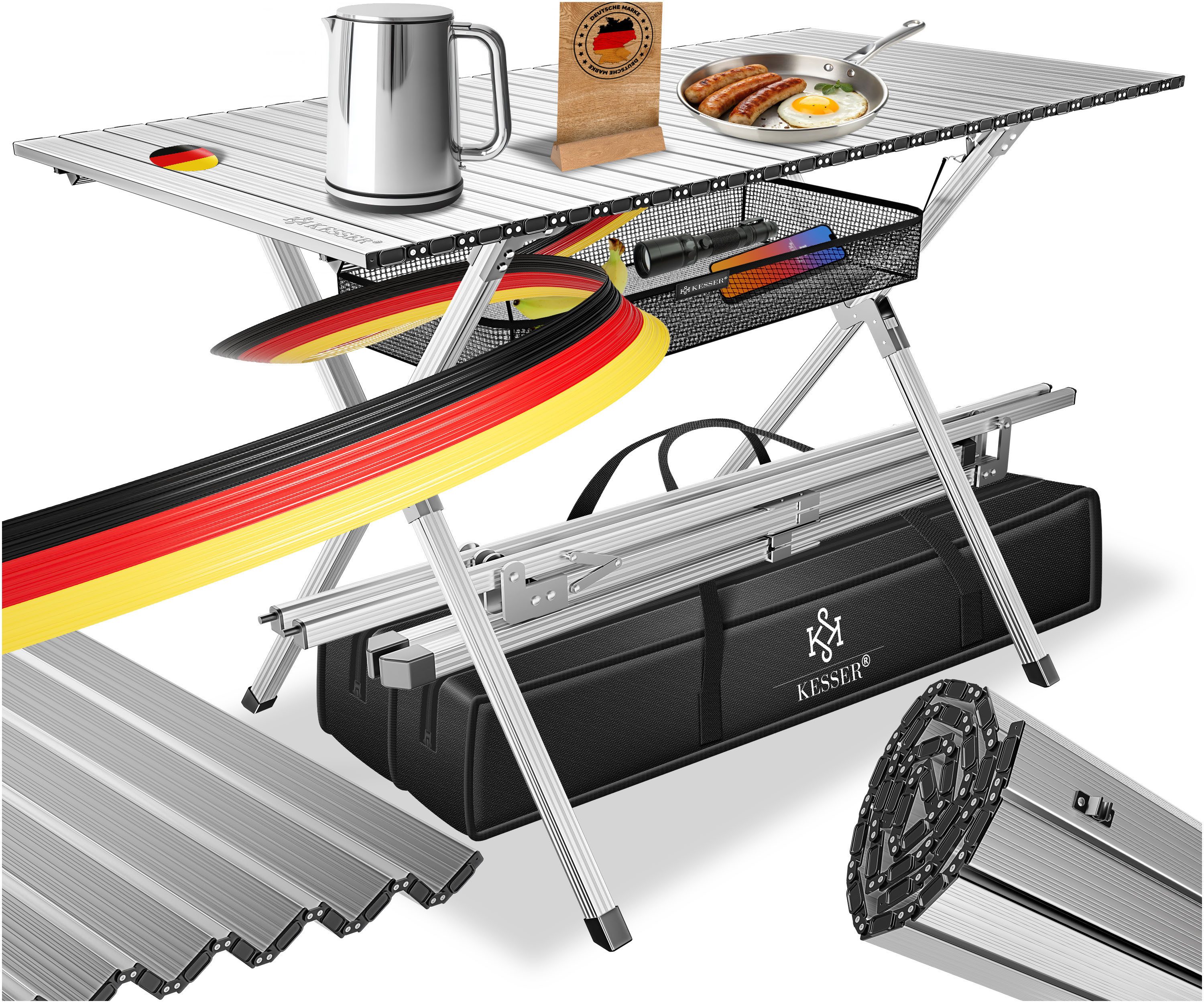KESSER Campingtisch Klapptisch faltbar mit aufrollbarer Tischplatte (145x70cm klappbarer Tisch inkl. Tragetasche mit Trageband & Netztasche), Falttisch mit Aluminium-Rahmen - max. 100kg & rost- & kratzfest