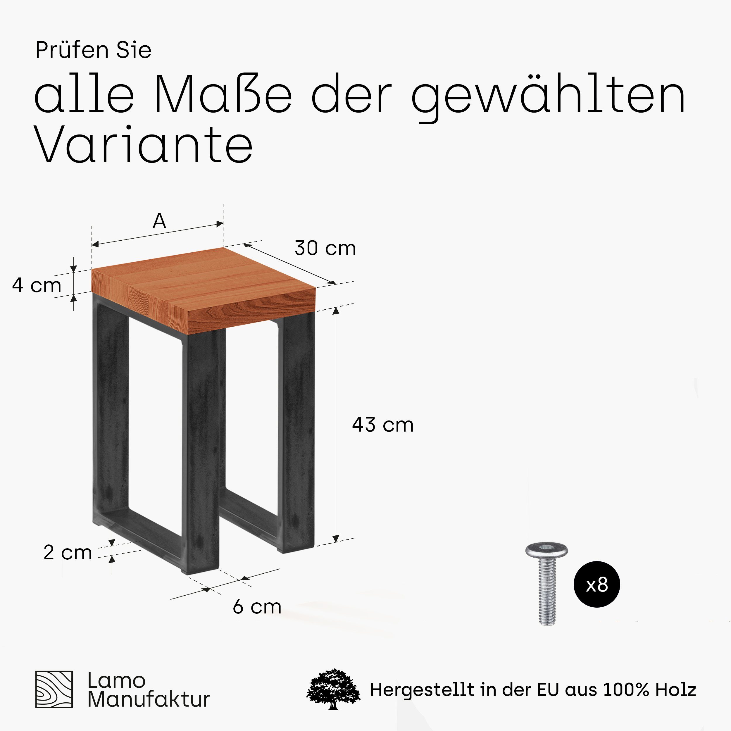 LAMO Massivholzplatte stake 3-Teilig), LSB 40mm | (Komplett-Set, Rohstahl Manufaktur Sitzbank Klarlack Dunkel mit Essbank