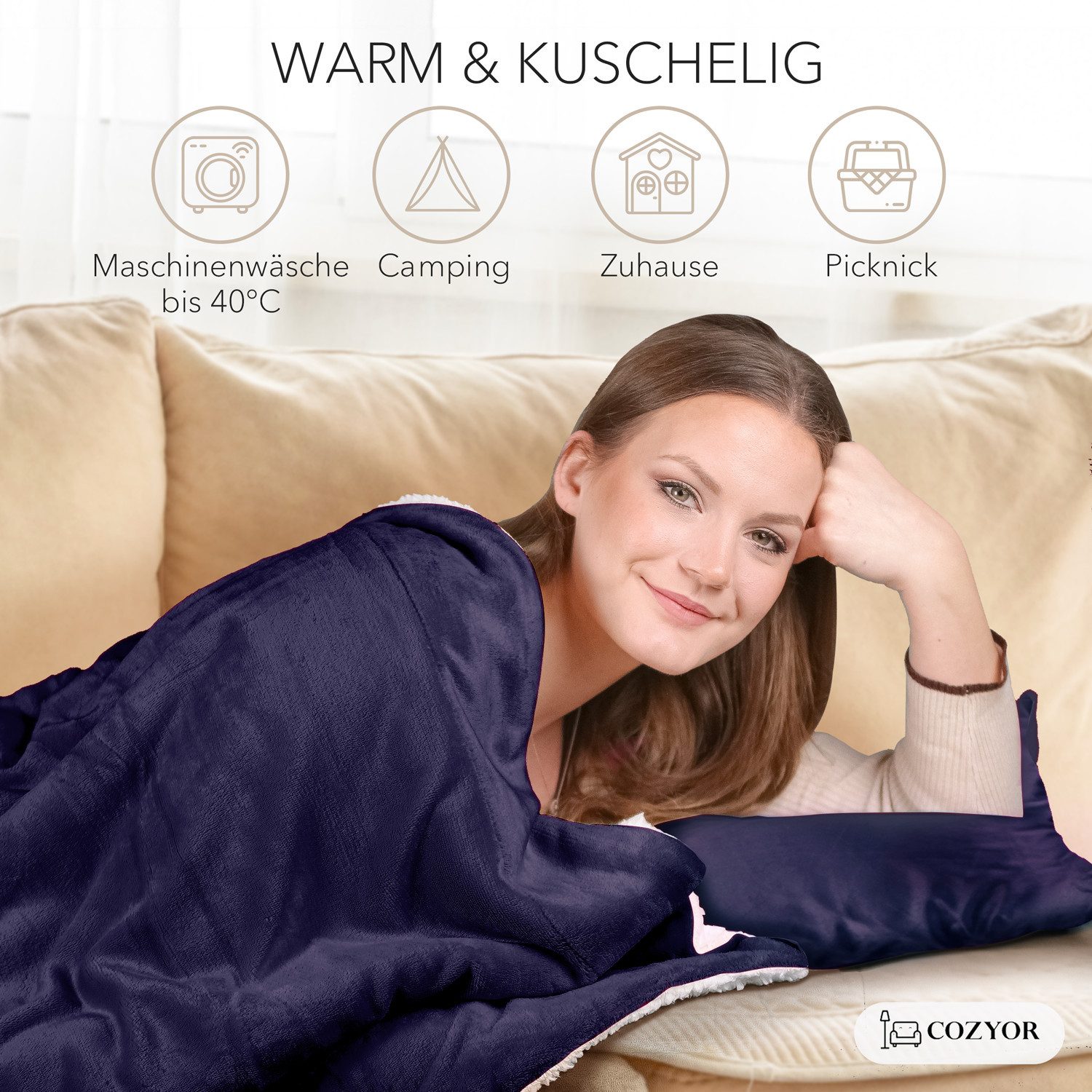 Wohndecke Kuscheldecke XL warm Sherpa, dicke Sofadecke, hochwertige Tagesdecke, Cozyor