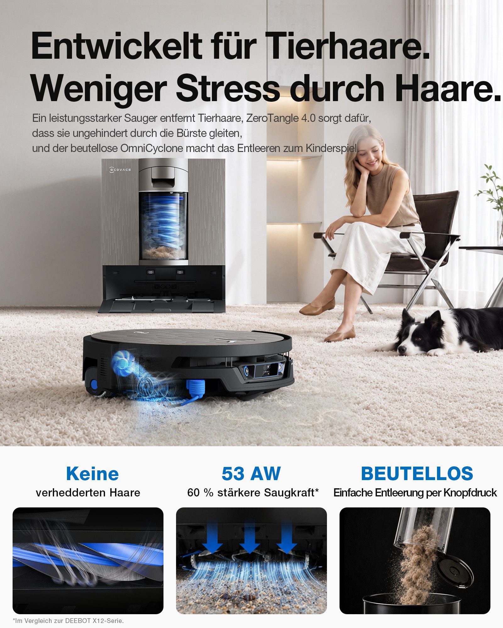 ECOVACS Nass-Trocken-Saugroboter DEEBOT X12S, inkl. OmniCyclone Station, 150 W, beutellos, 27.000 Pa + 53 AW Saugleistung, 27cm Wischrolle