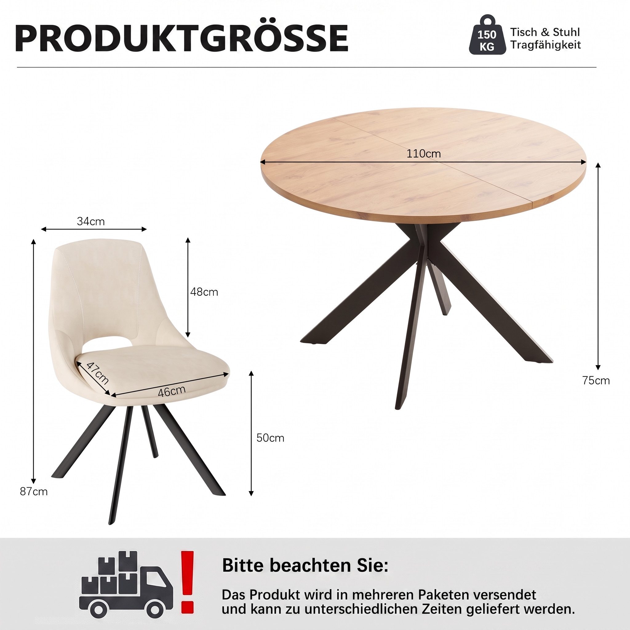 Jiexi Essgruppe Runder Esstisch 110cm MDF Set mit 4 Flanell Stühlen Kreuzgestell