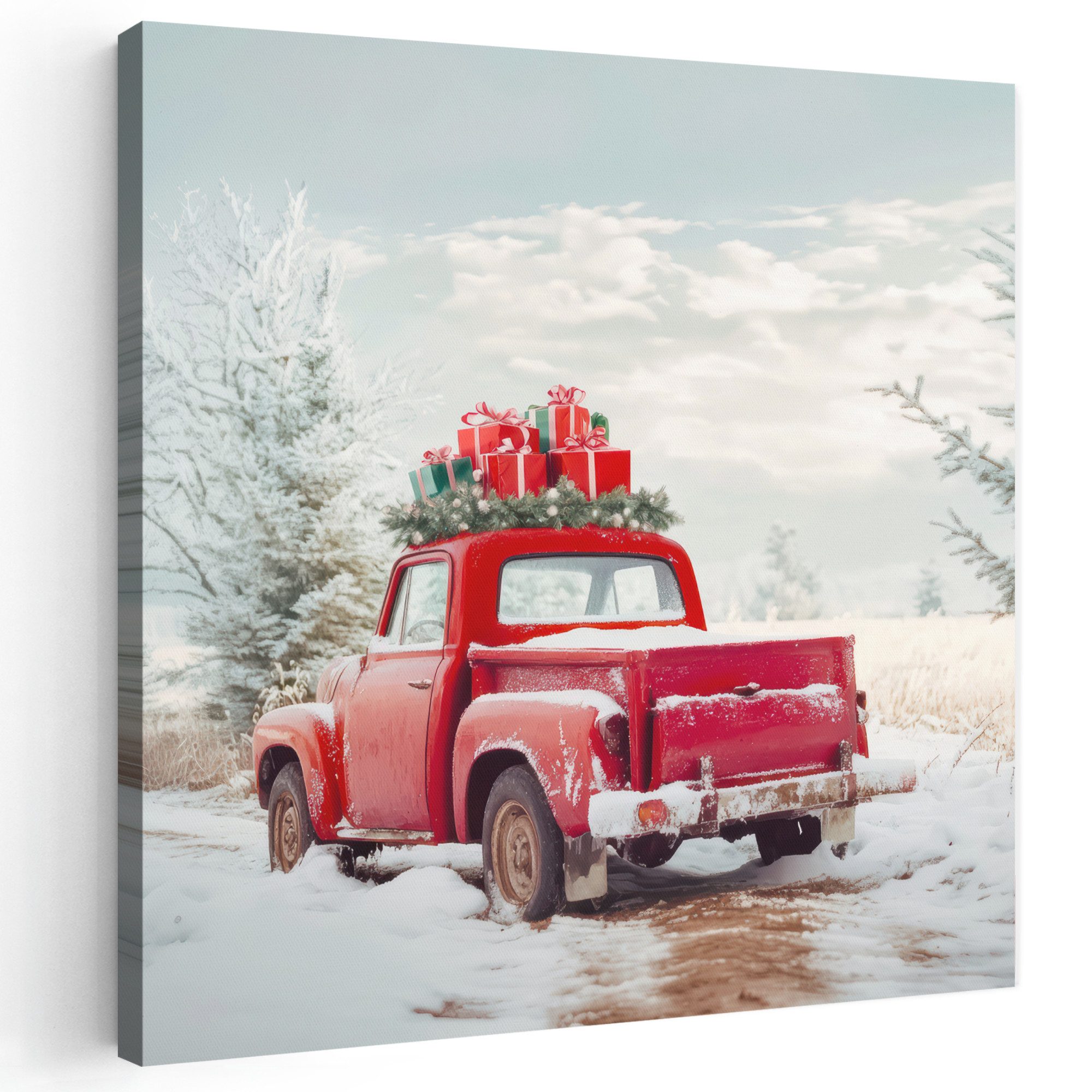 OneMillionCanvasses® Leinwandbild Auto - Rot - Geschenke - Winter - Schnee - Weihnachten, Fotodruck (1 St), Wandbild, Deko Schlafzimmer Wohnzimmer Flur 20x20 cm