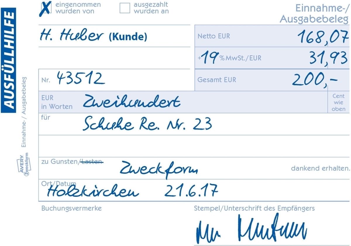 Formularblock Formularbuch Einnahme-/Ausgabebeleg A6 quer fälschungssicher 2x40 Bla.