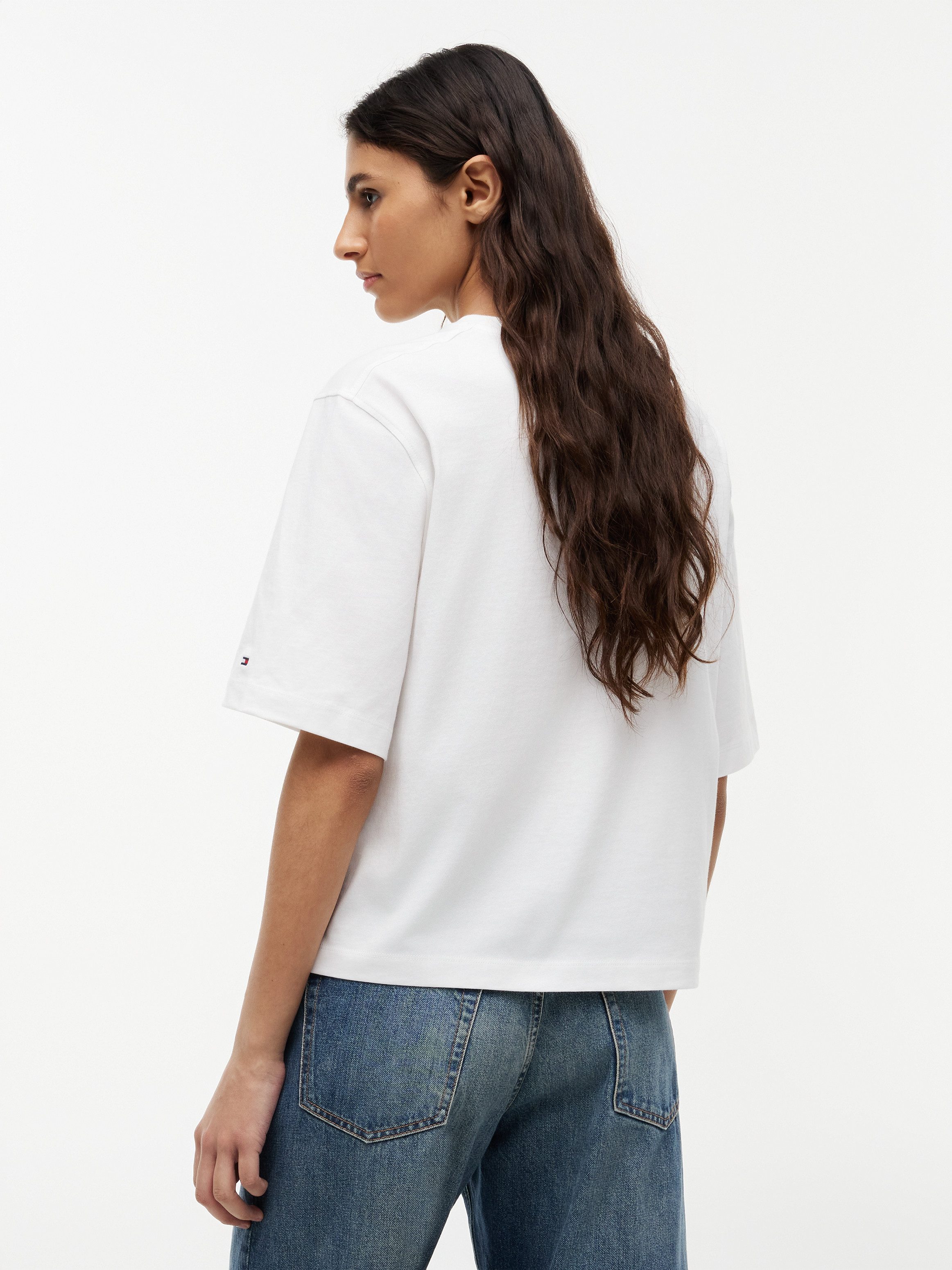 Tommy Hilfiger Kurzarmshirt CLASSIC SCRIPT TRAPEZE TEE Baumwolle, kurze Trapezärmel