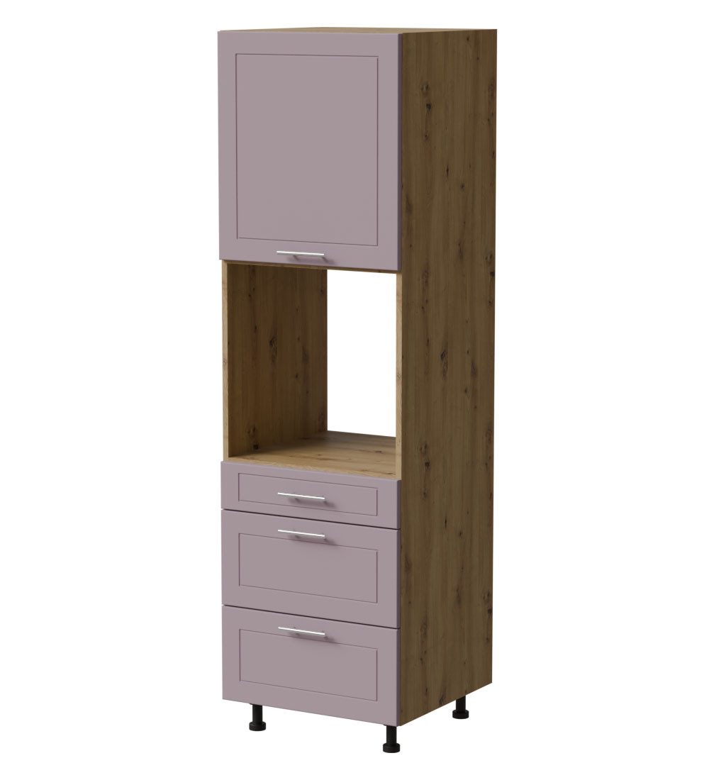 Feldmann-Wohnen Backofenumbauschrank Bari (D14/RU/3M, 1 Gerätefach, 3 Schubladen, Blum Metabox Teilauszug, 1-St., moderne Kassettenoptik, lackierte Fronten, 60x59x207cm) Eiche Artisan / RAL 4009 pastellviolett matt