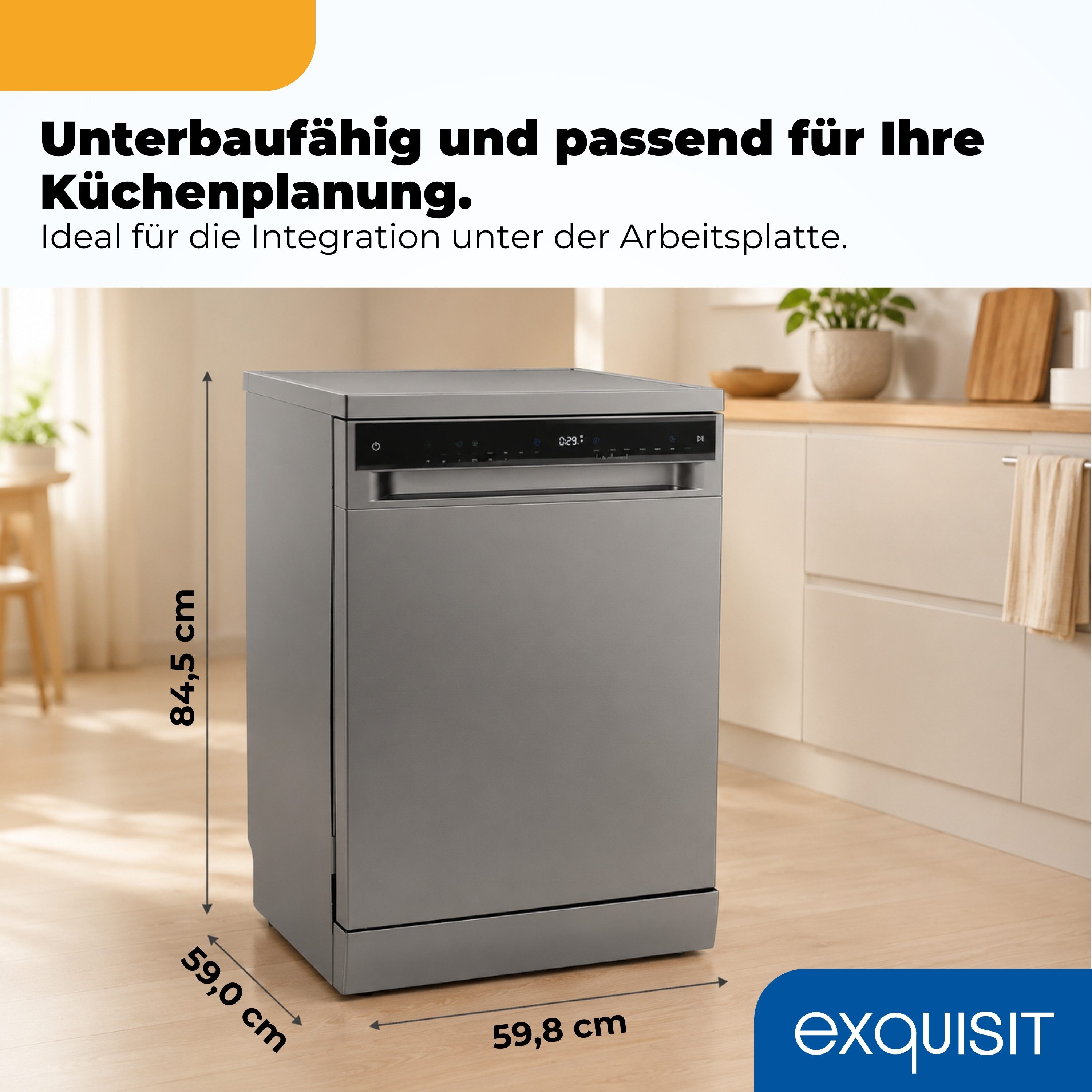 exquisit Standgeschirrspüler GSP9316-450C silber, 10,9 l, 16 Maßgedecke, 16 Maßgedecke, LED, Besteckschublade, Auto Door Open, AquaStop – Bild 4 von 5