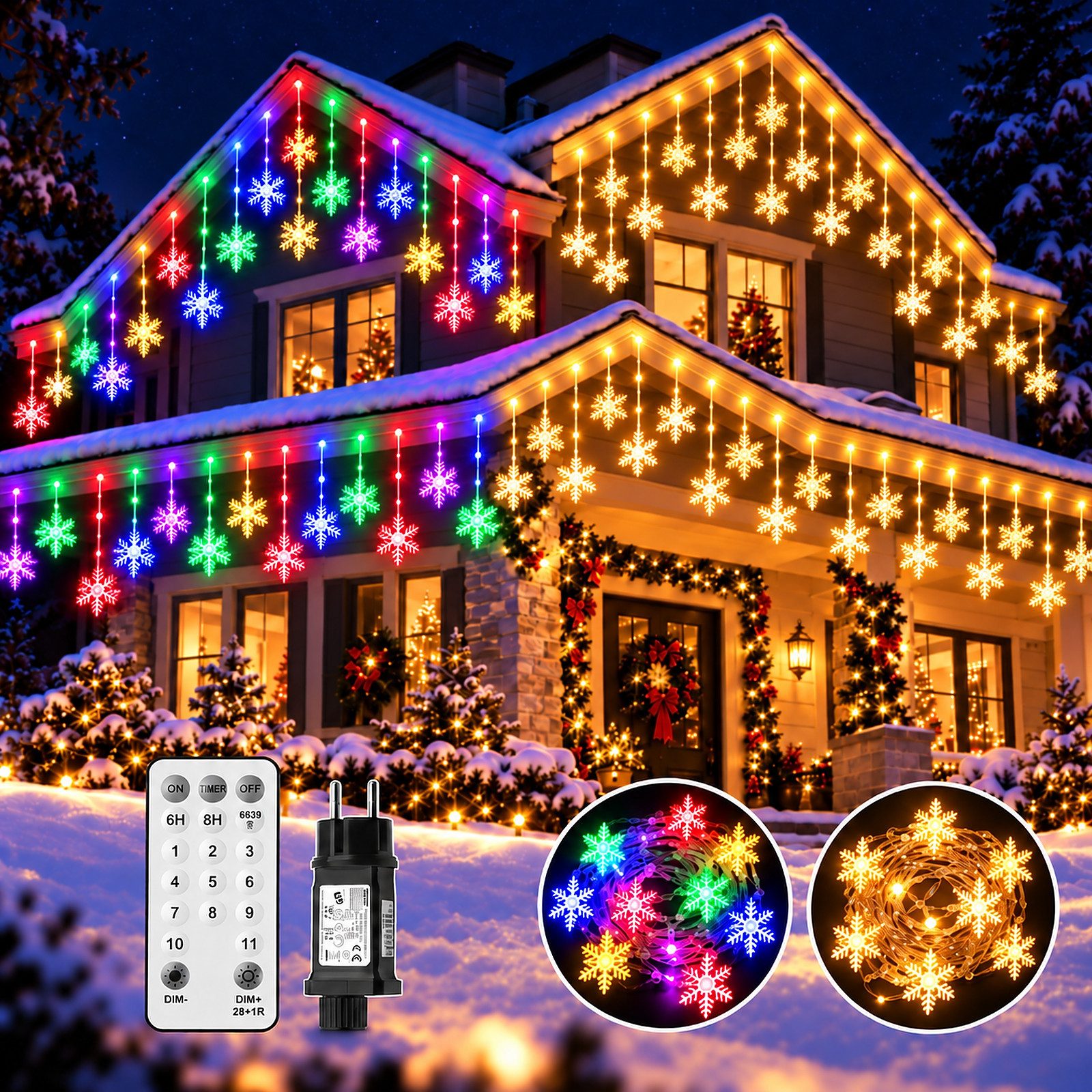 XERSEK LED-Lichtervorhang Warmweiß + Bunt Schneeflocke Lichterkette 360LEDs, 9 M, 11 Modi, Timer, Stufenlos Dimmbar, Speicherfunktion, 31V Stecker, Fernbedienung