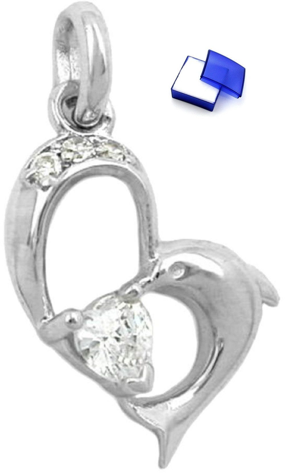 Herzanhänger Anhänger Herz mit Delfin und Zirkonias glänzend 925 Silber 16 x 14 mm