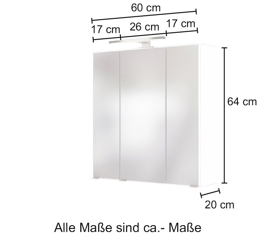 Breite Spiegeltüren weiß 60 mit 3 MÖBEL dank Spiegelschrank 3D-Effekt, cm, Baabe HELD