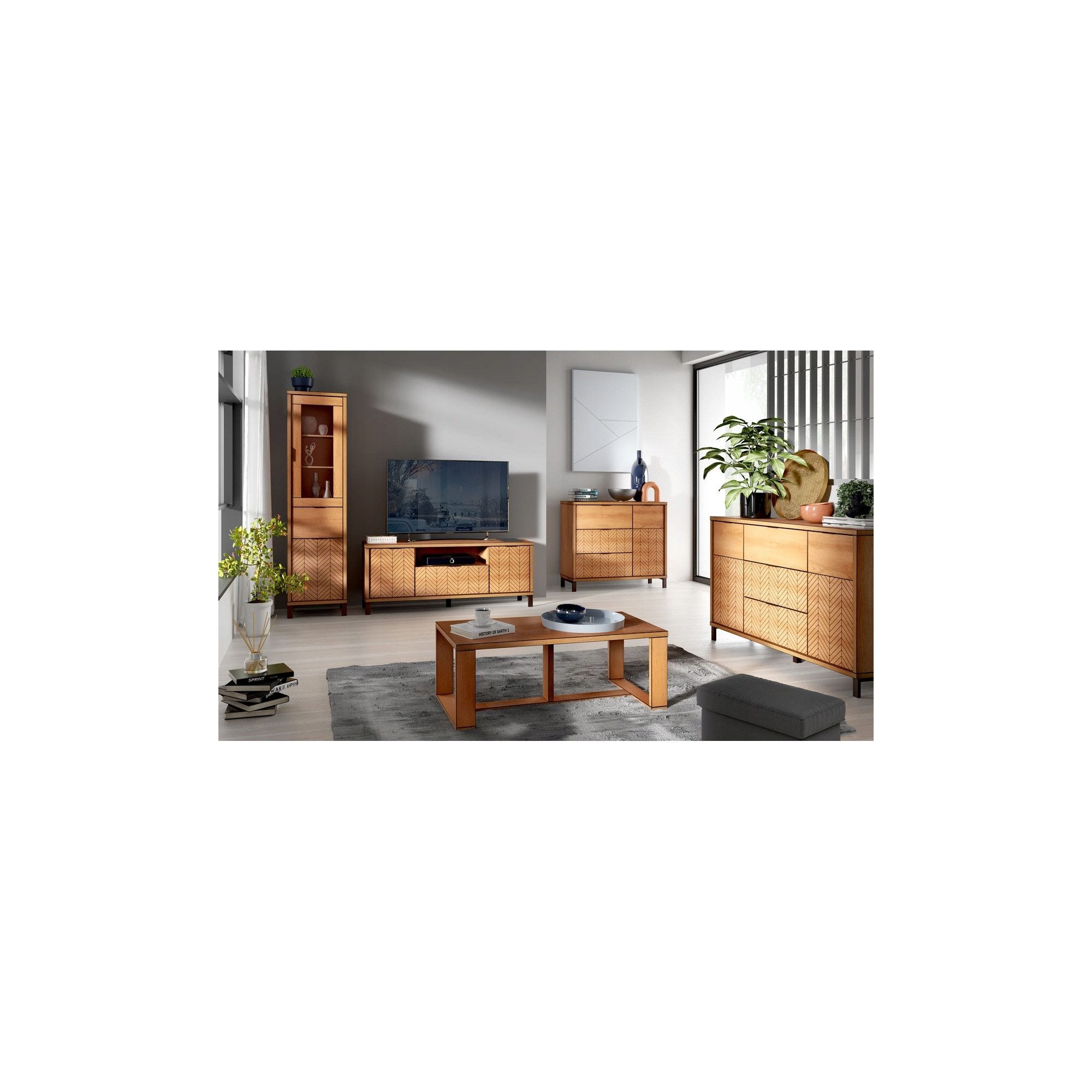 Raumhirsch Furniture Kleiderschrank Garderobenschrank, Schrank mit Spiegel, Schwebetürenschrank (Maße: 199 x 60,2 x 216 cm (Schiebetüren, Kleiderstange, Einlegeböden) Fischgrät-Front, Eiche-Caramel-Dekor, natürliche Optik