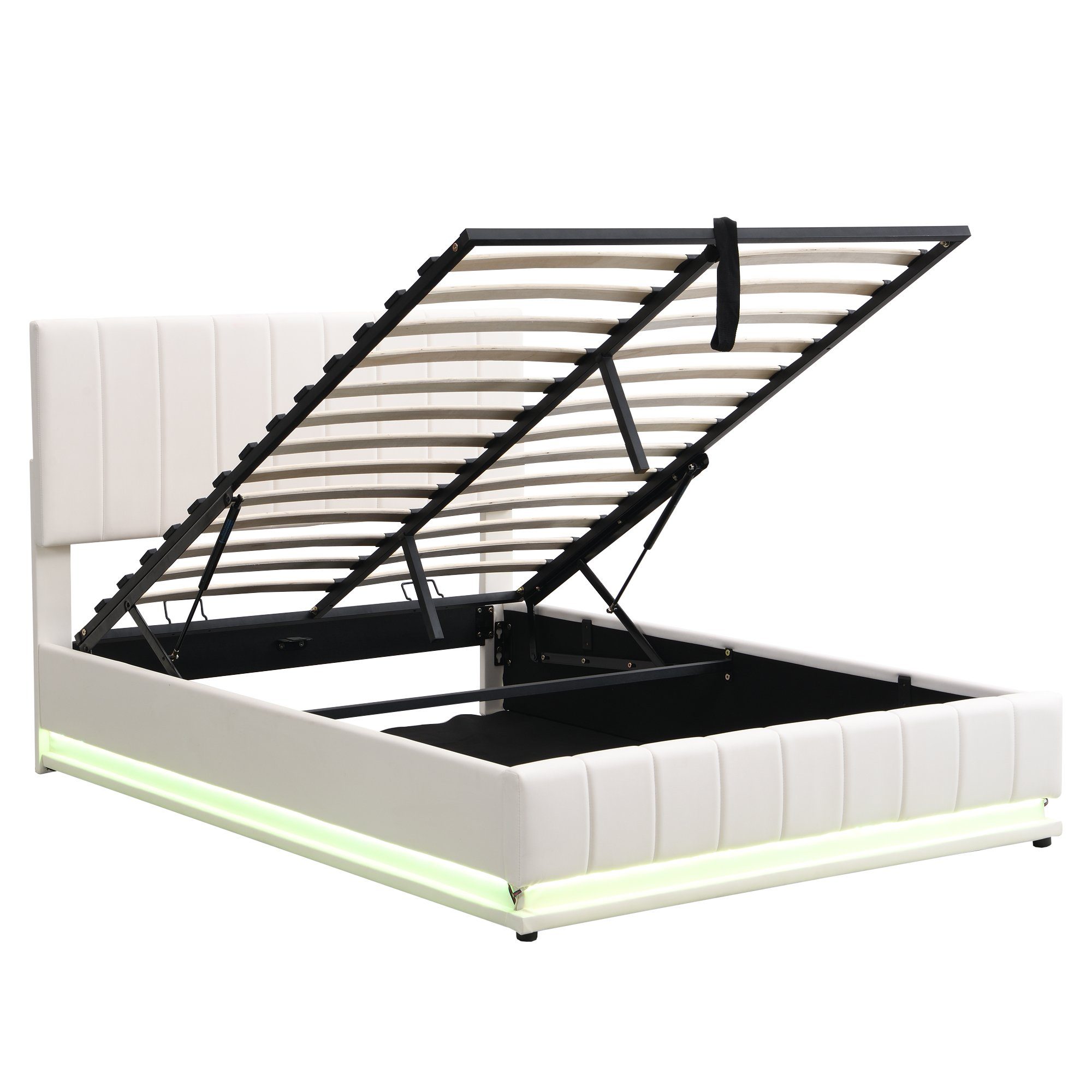 Boxspringbett (LED Hydraulisches Bett mit Bettkasten und Lattenrost), Polsterbett Stauraumbett 140x200 cm, Kunstleder
