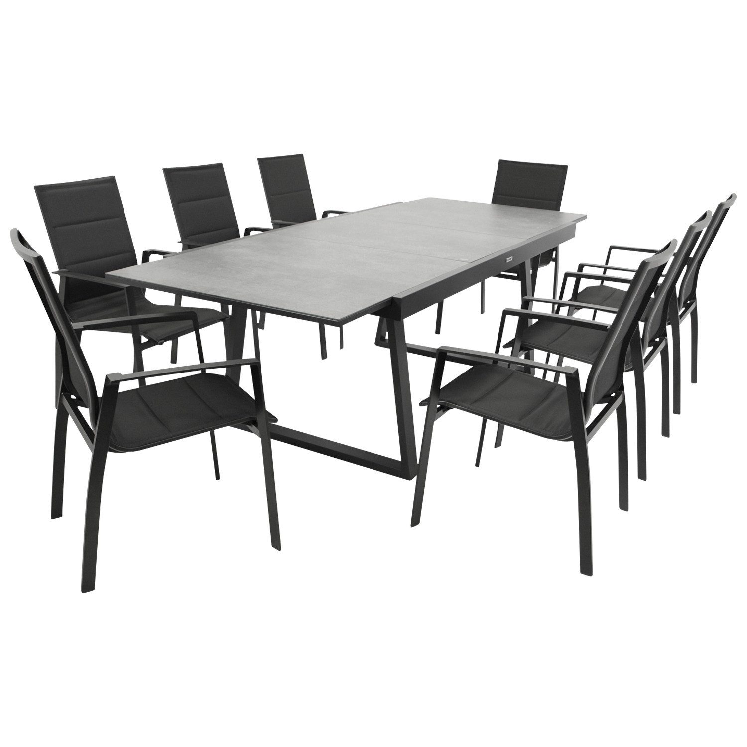 DEGAMO Garten-Essgruppe REIMS, (9-tlg., 8x Stapelsessel, 1x Ausziehtisch), Alu anthrazit, Stapelsessel, Tisch ausziehbar, Platte Keramikoptik